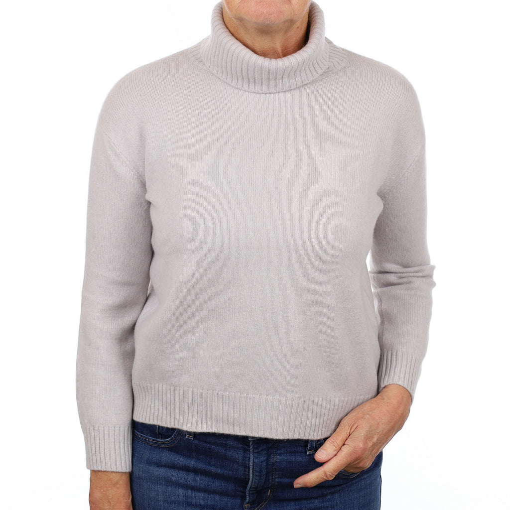 Oyster Grey Cashmere Boxy Polo Neck Jumper Medium