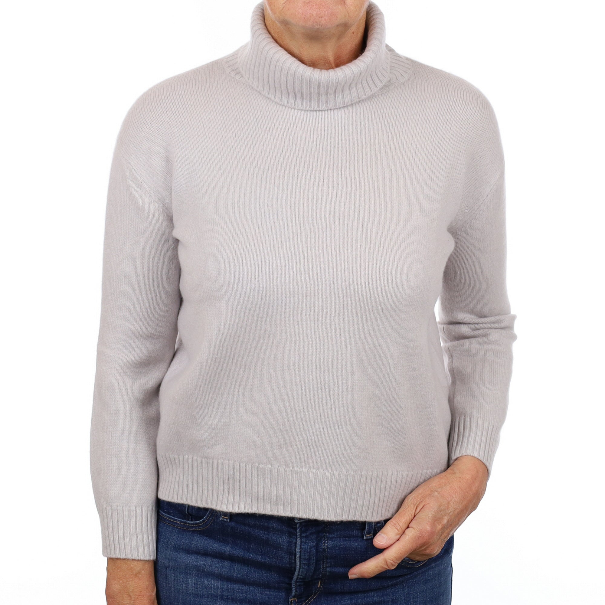 Oyster Grey Cashmere Boxy Polo Neck Jumper Medium