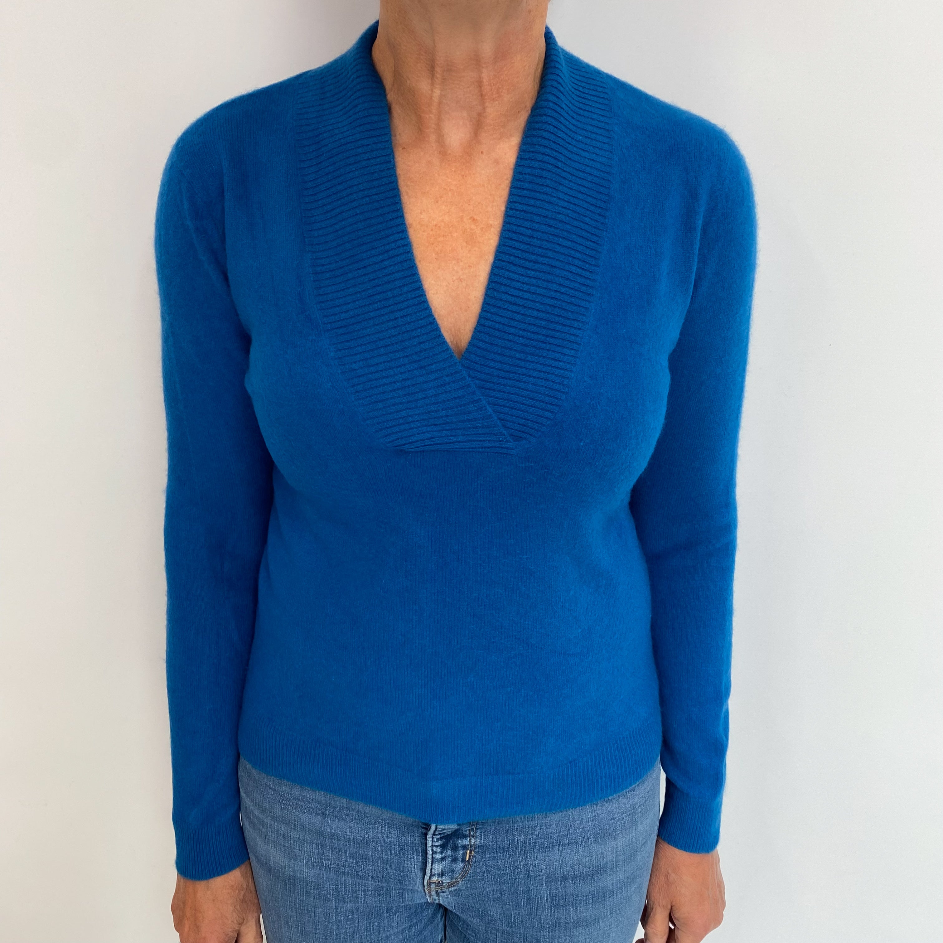 Teal Blue Cashmere V Neck Jumper Medium