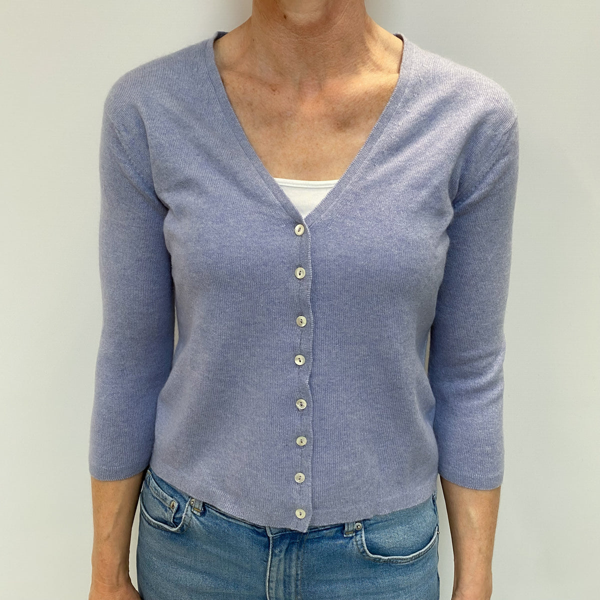 Brora Pale Lavender Cashmere V Neck Cardigan Small