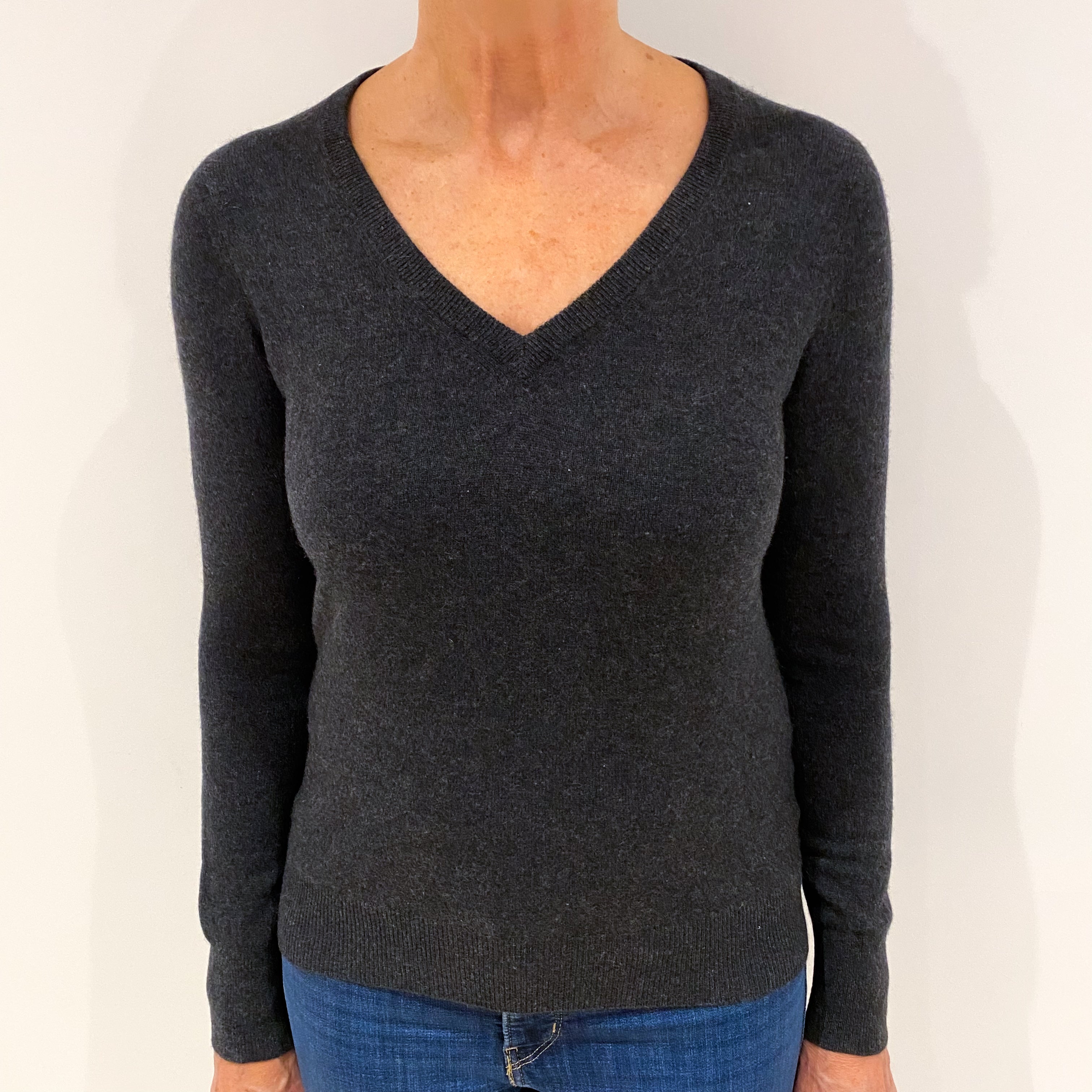 Charcoal Grey Cashmere V Neck Jumper Medium