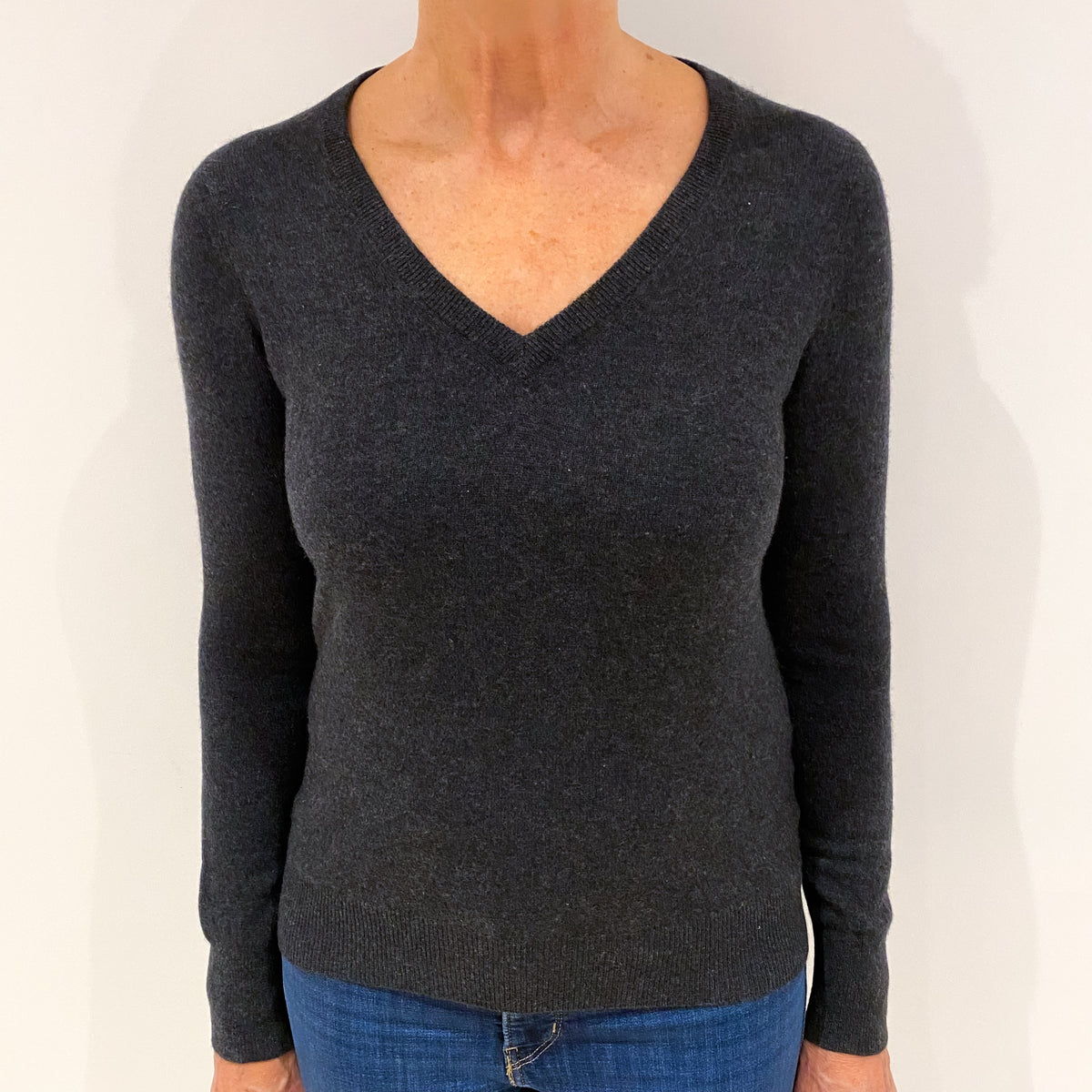 Charcoal Grey Cashmere V Neck Jumper Medium