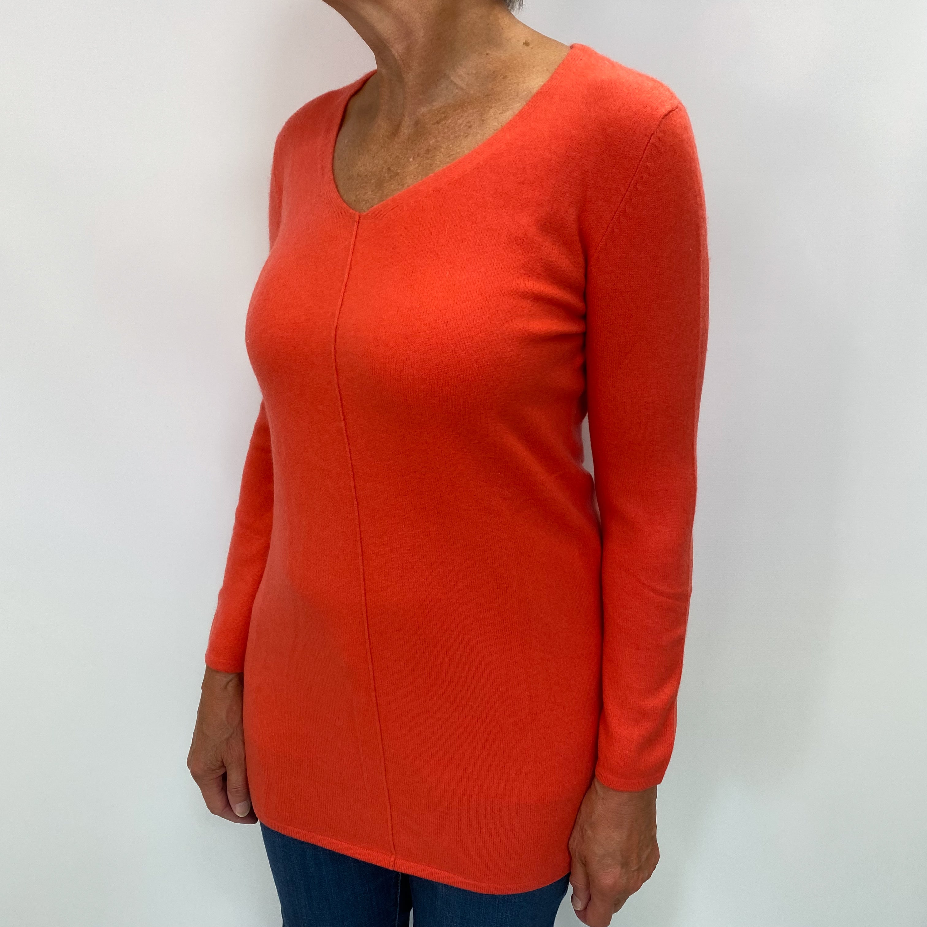 Bright Crab Orange Cashmere V Neck Jumper Medium