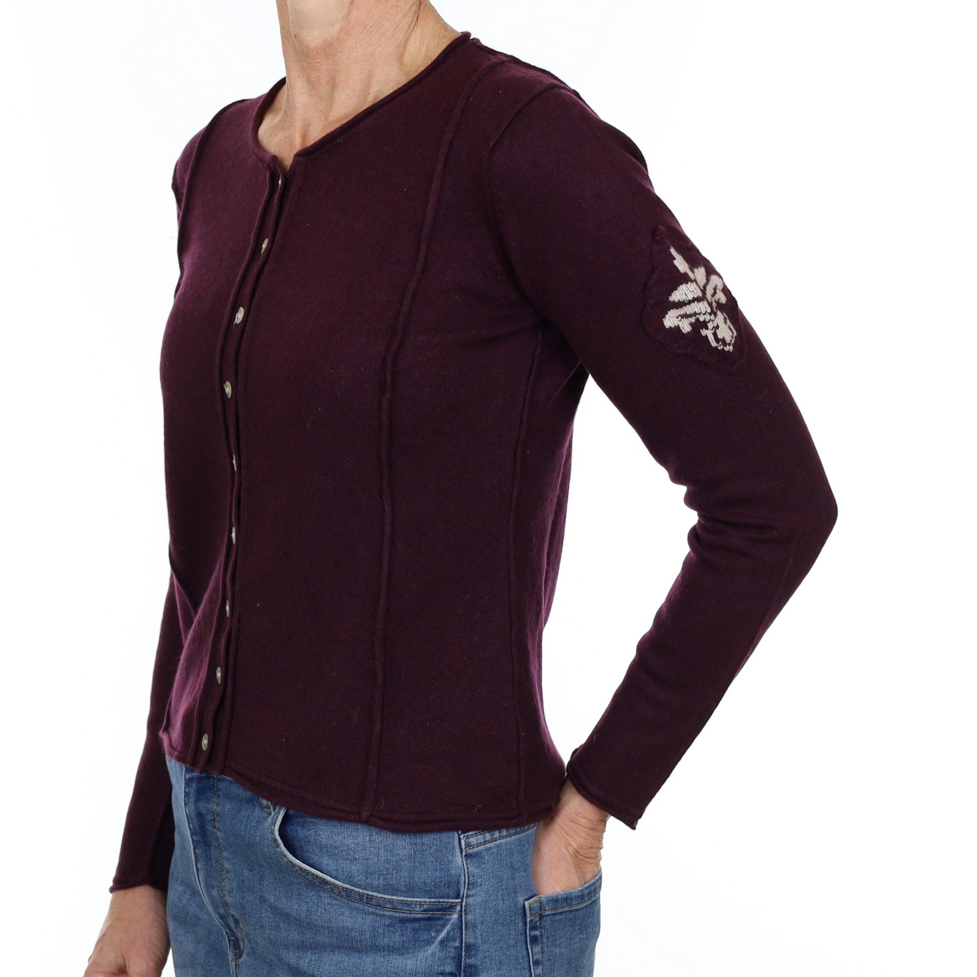 Aubergine Purple Patch Detail Cashmere Crew Neck Cardigan Small