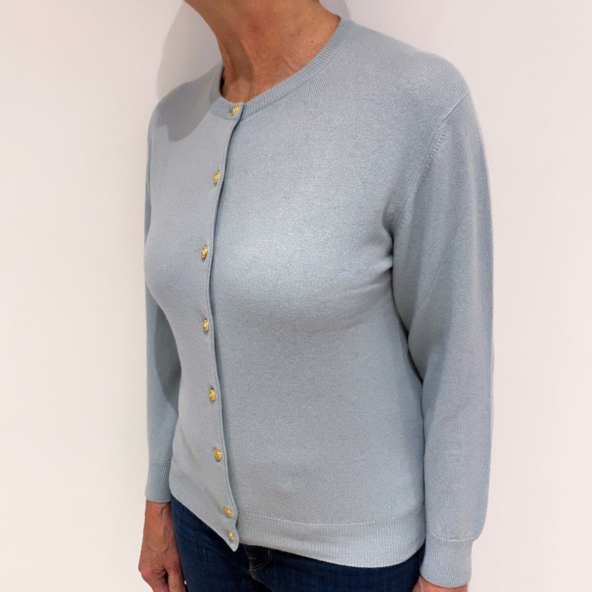 Duck Egg Blue Cashmere Crew Neck Cardigan with Gold Buttons Medium
