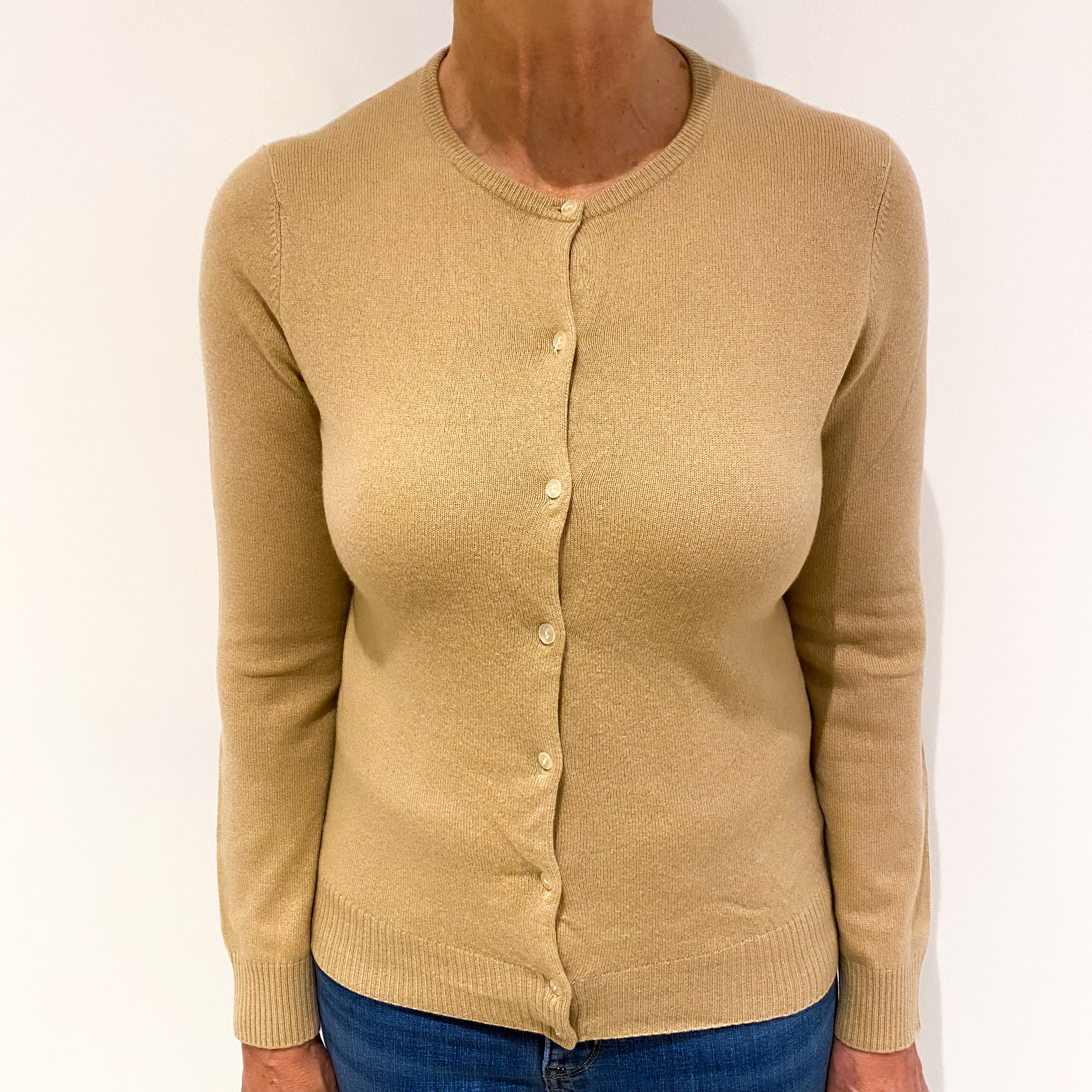 Caramel Brown Cashmere Crew Neck Cardigan Medium