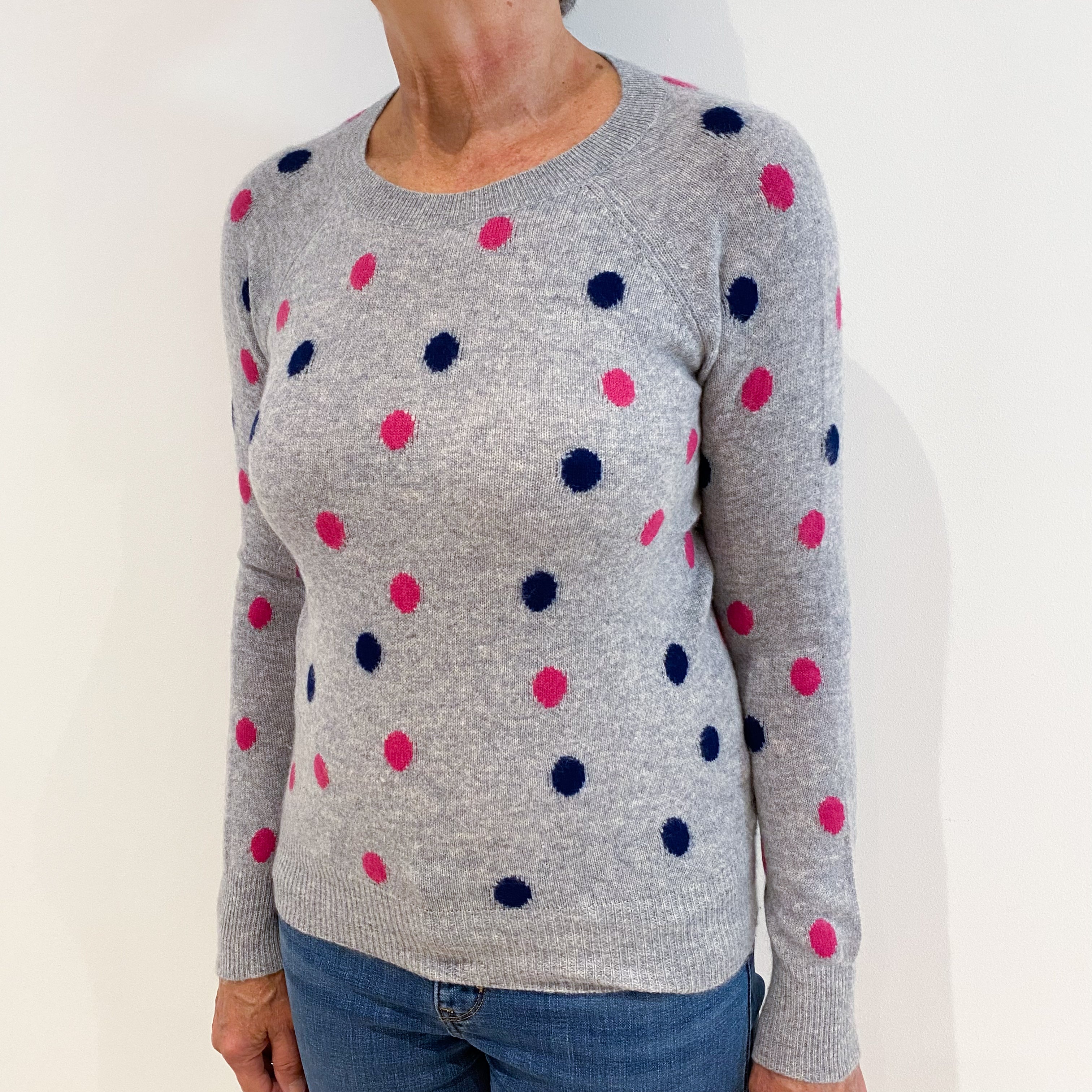 Smoke Grey Spotted Cashmere Crew Neck Jumper Medium