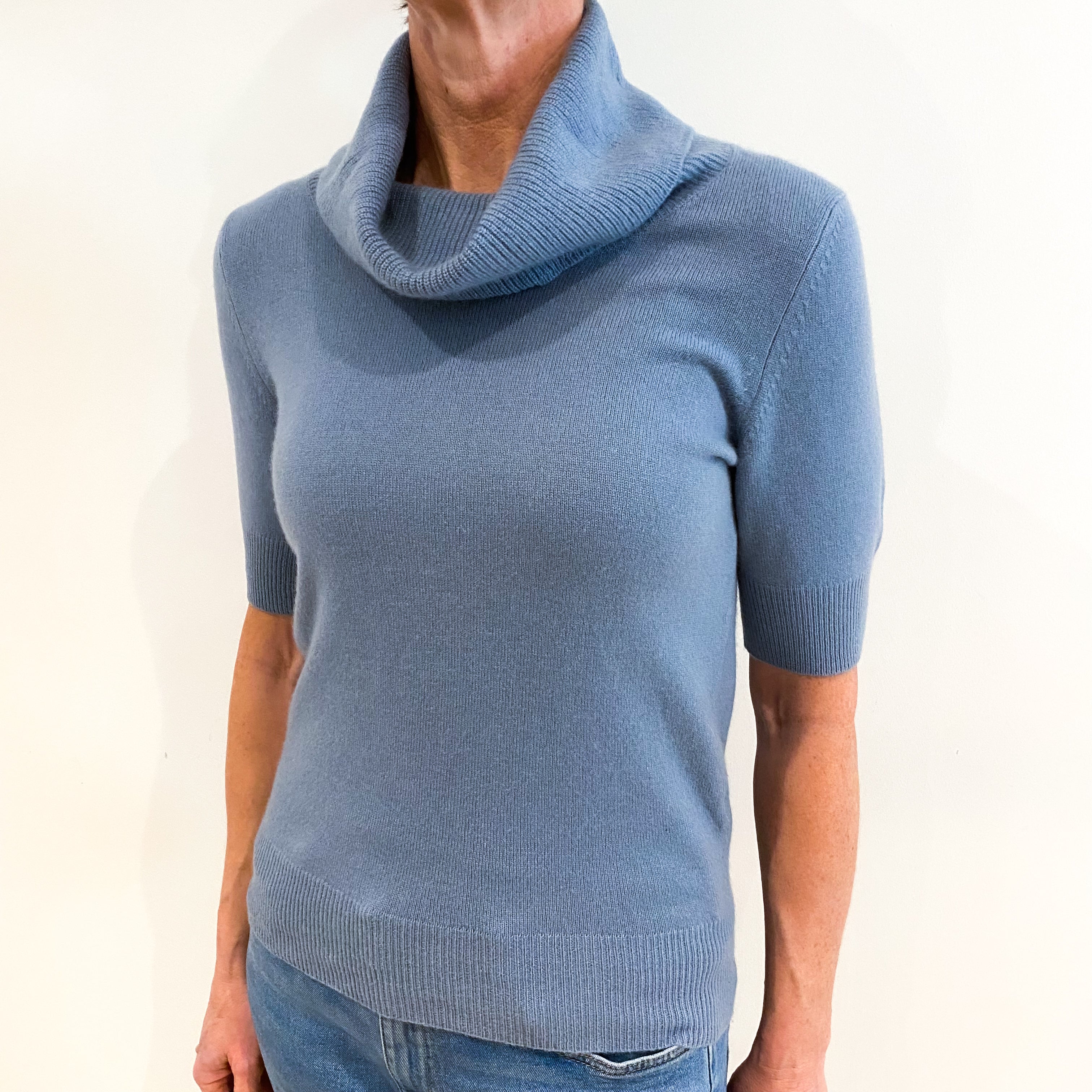 Dusky Blue Cashmere Short Sleeve Cowl Neck Jumper Small