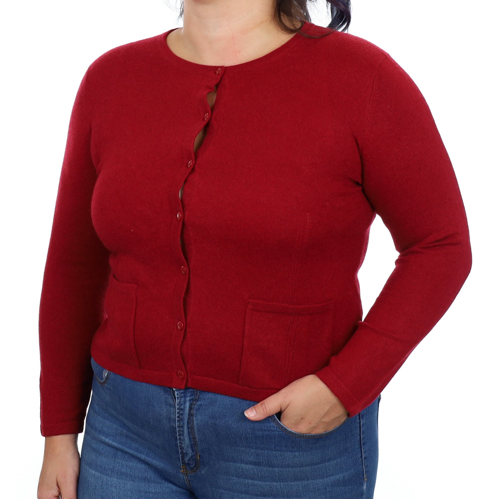 Crimson Red Cashmere Crew Neck Cardigan with Pockets Large