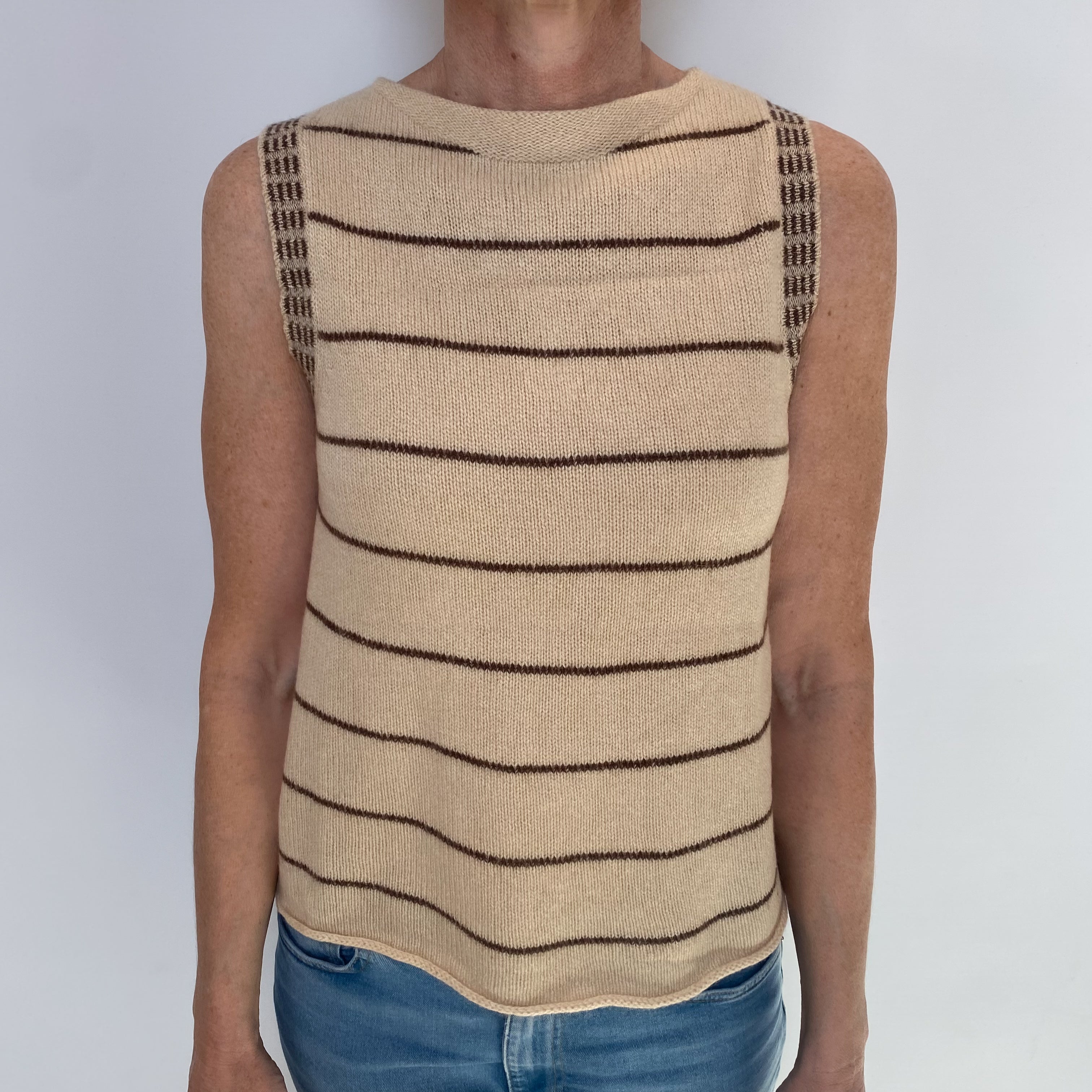 Beige Brown Stripe Cashmere Sleeveless Boat Neck Jumper Small