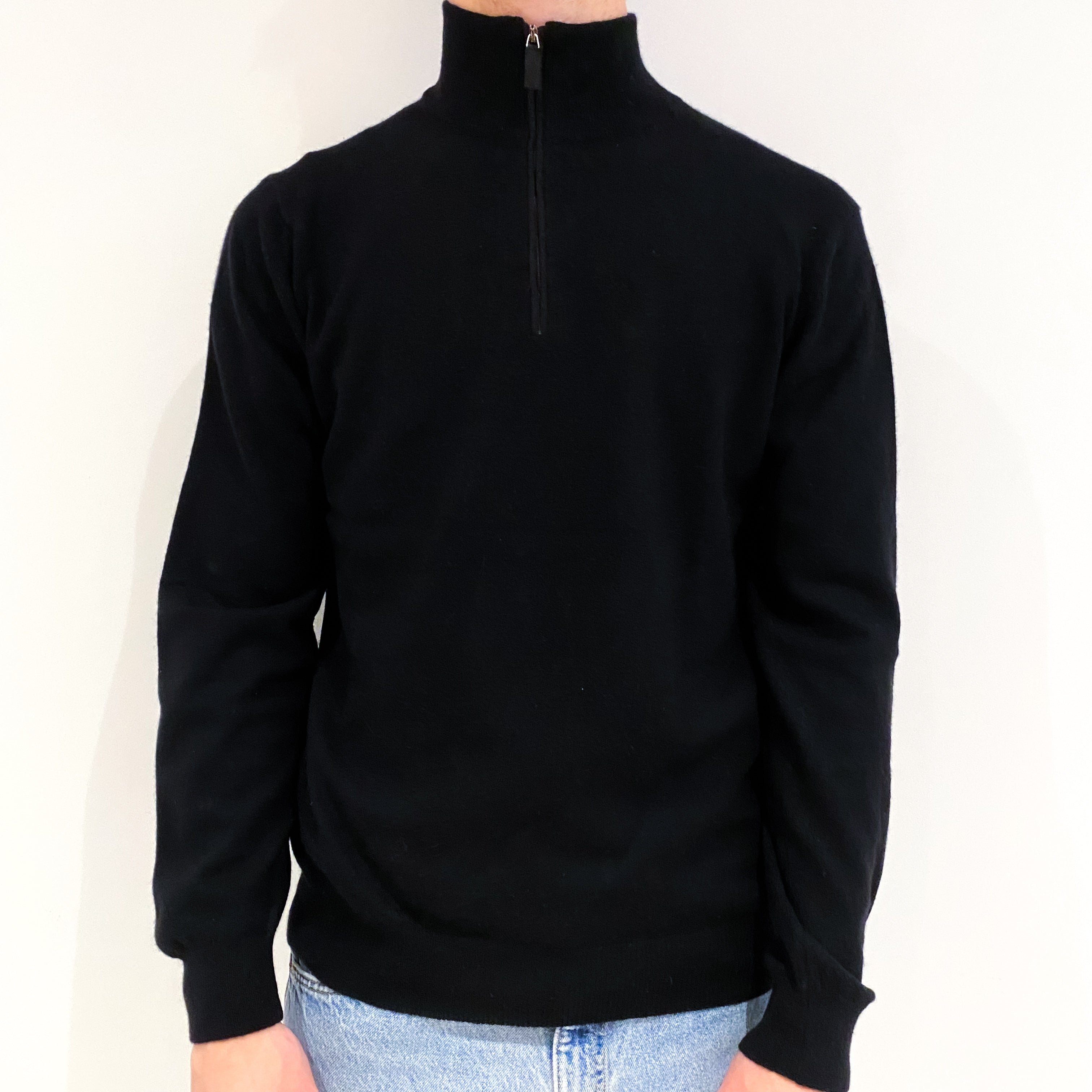 Men's Black Cashmere 1/4 Zip Jumper Medium