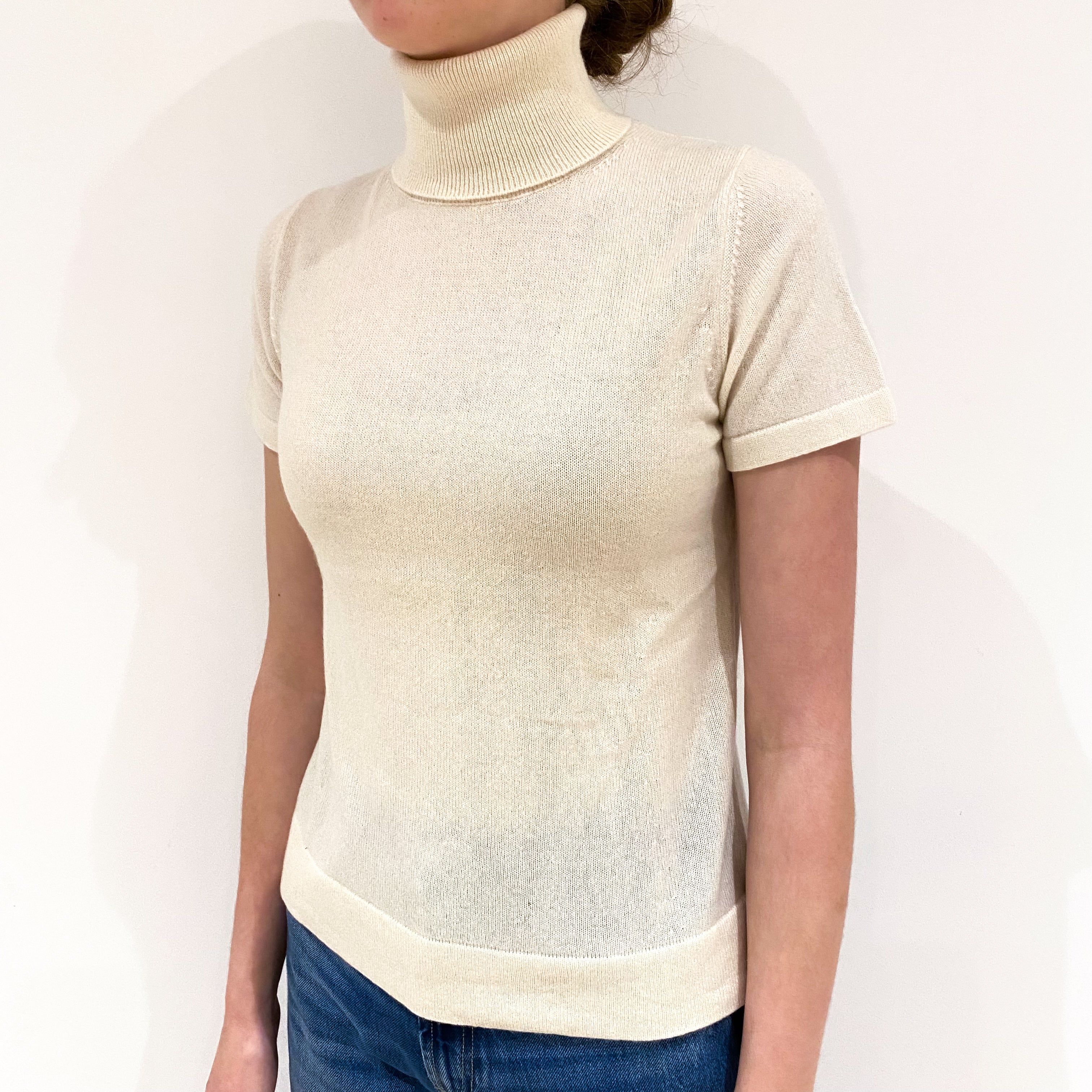 Cream Cashmere Short Sleeve Polo Neck Jumper Extra Small