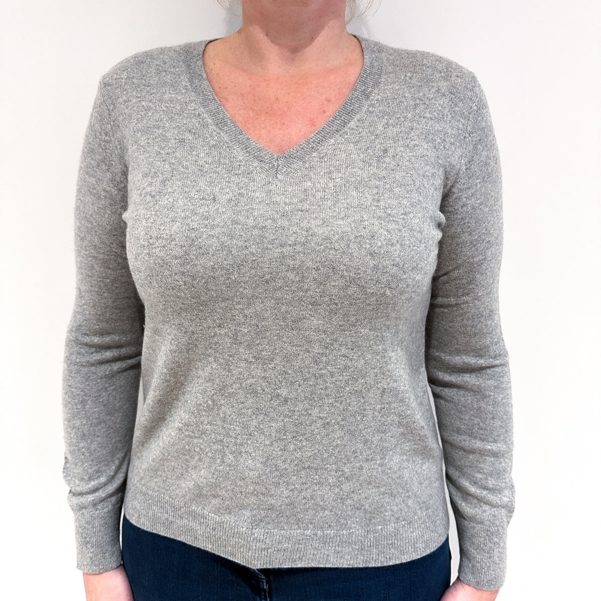 Smoke Grey Cashmere V Neck Jumper Large