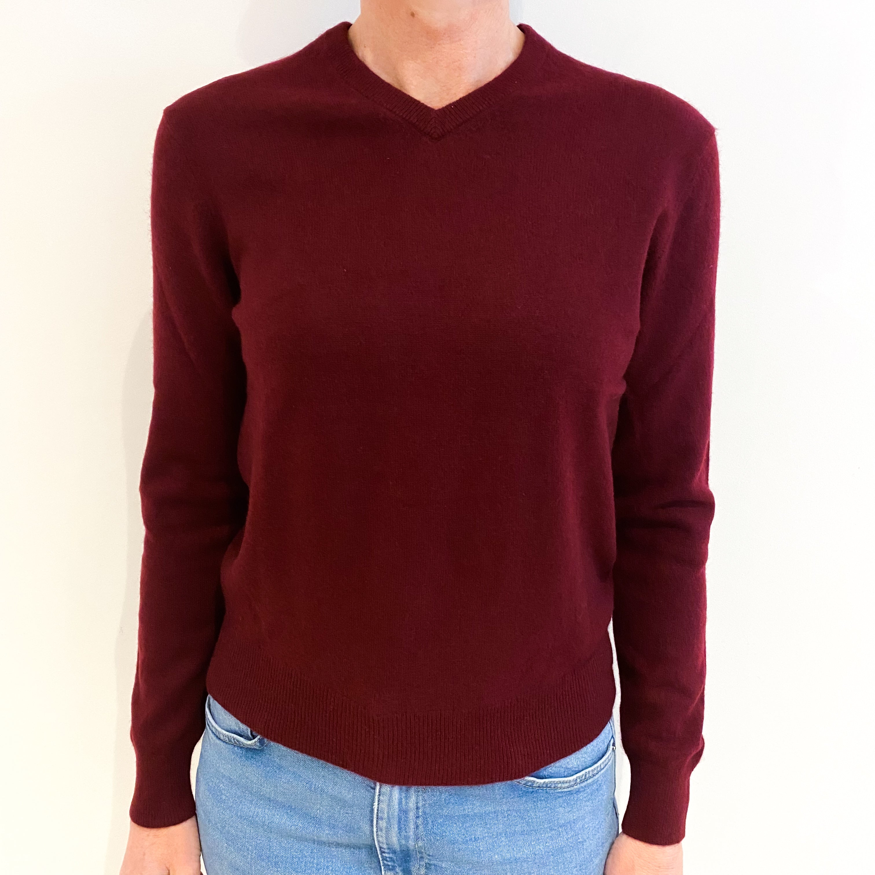 Burgundy Red Cashmere High V Neck Jumper Small