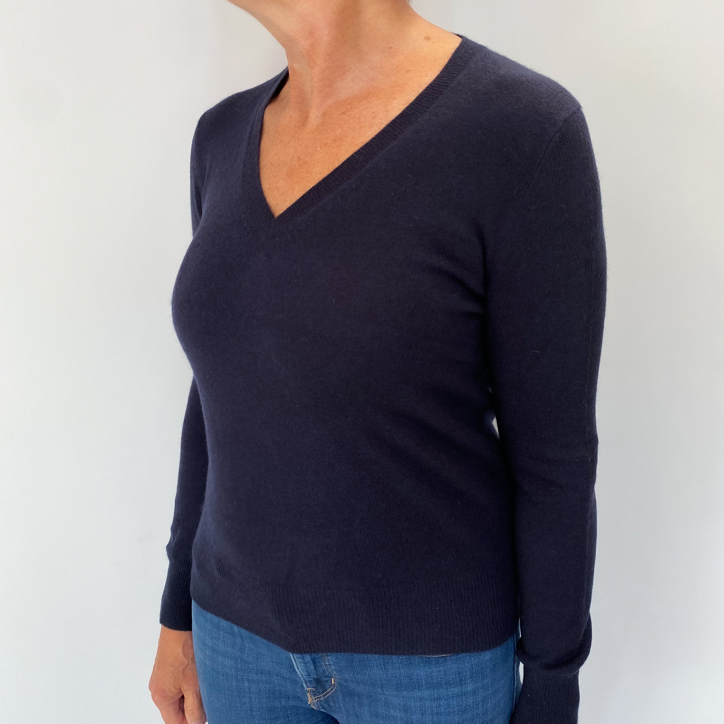 Dark Navy Cashmere V Neck Jumper Medium