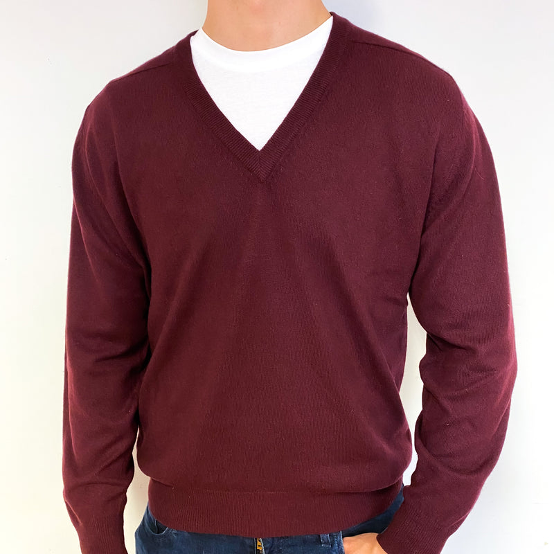 Men's Mulberry Purple Cashmere V-Neck Jumper Extra Large