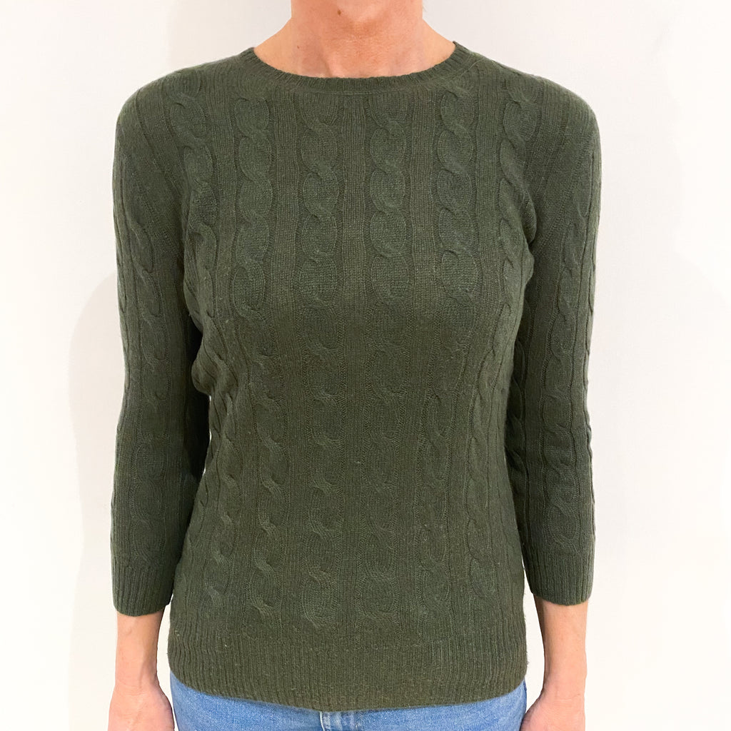 Khaki Green Cable Cashmere Crew Neck Jumper Small