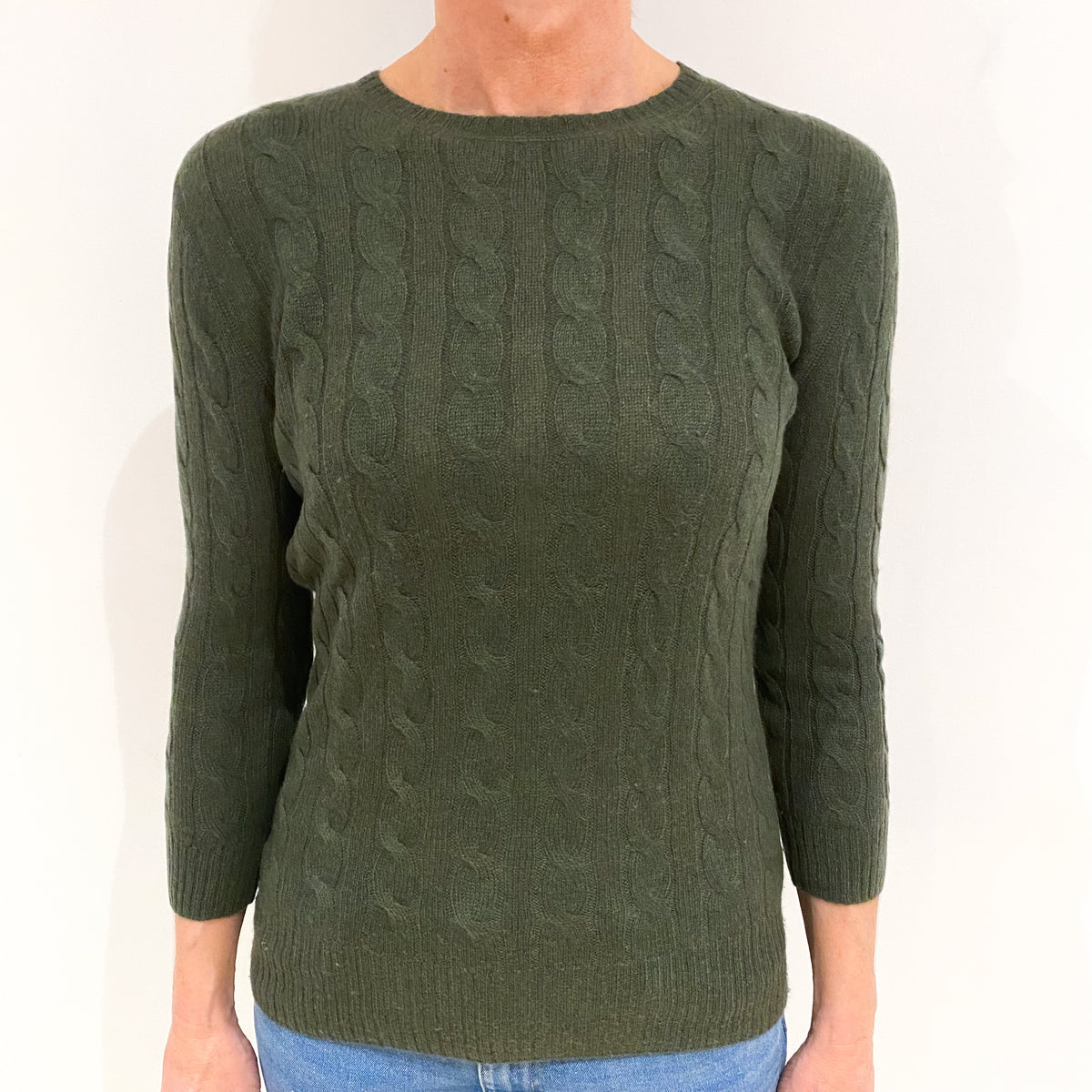 Khaki Green Cable Cashmere Crew Neck Jumper Small
