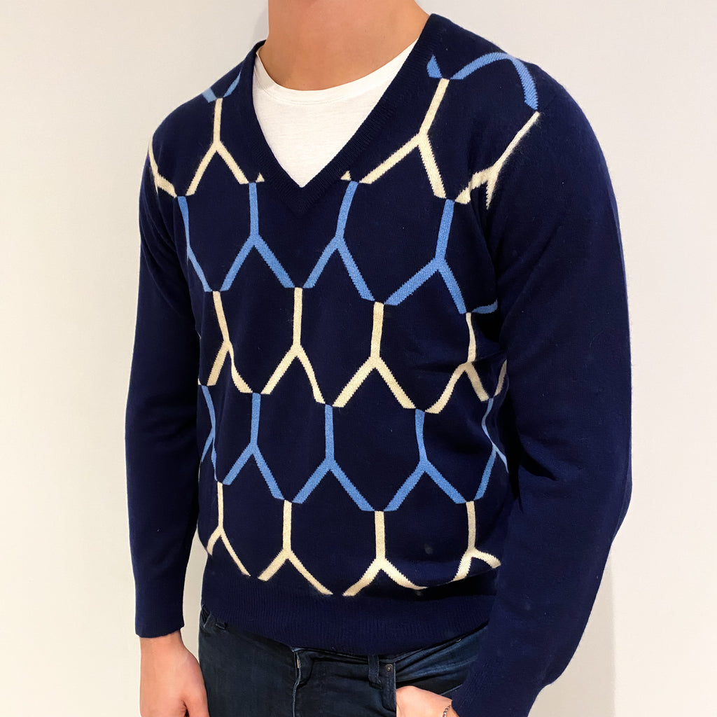 Men's Navy Patterned Cashmere V Neck Jumper XL