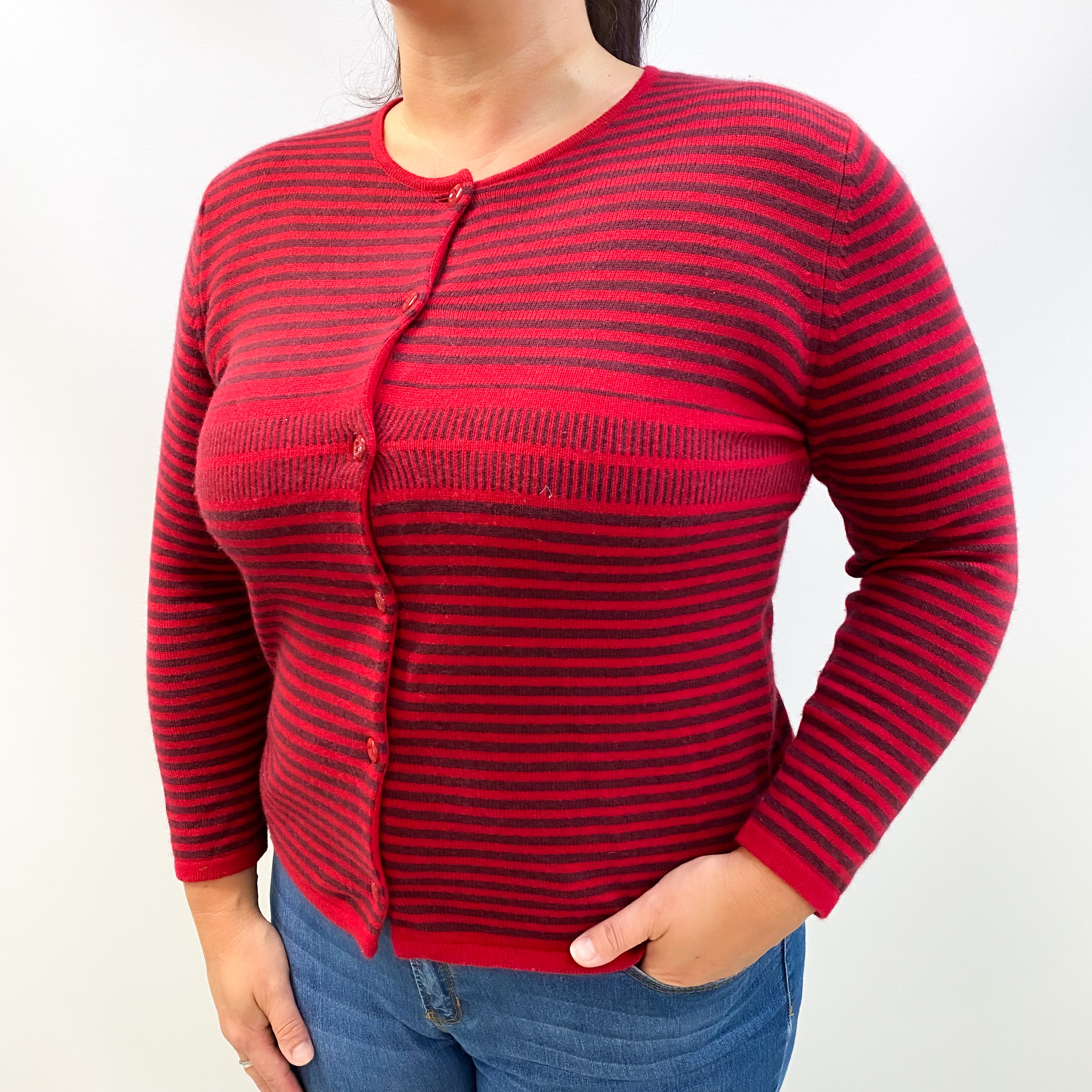 Post Box Red and Wine Stripe Cashmere Crew Neck Cardigan Large