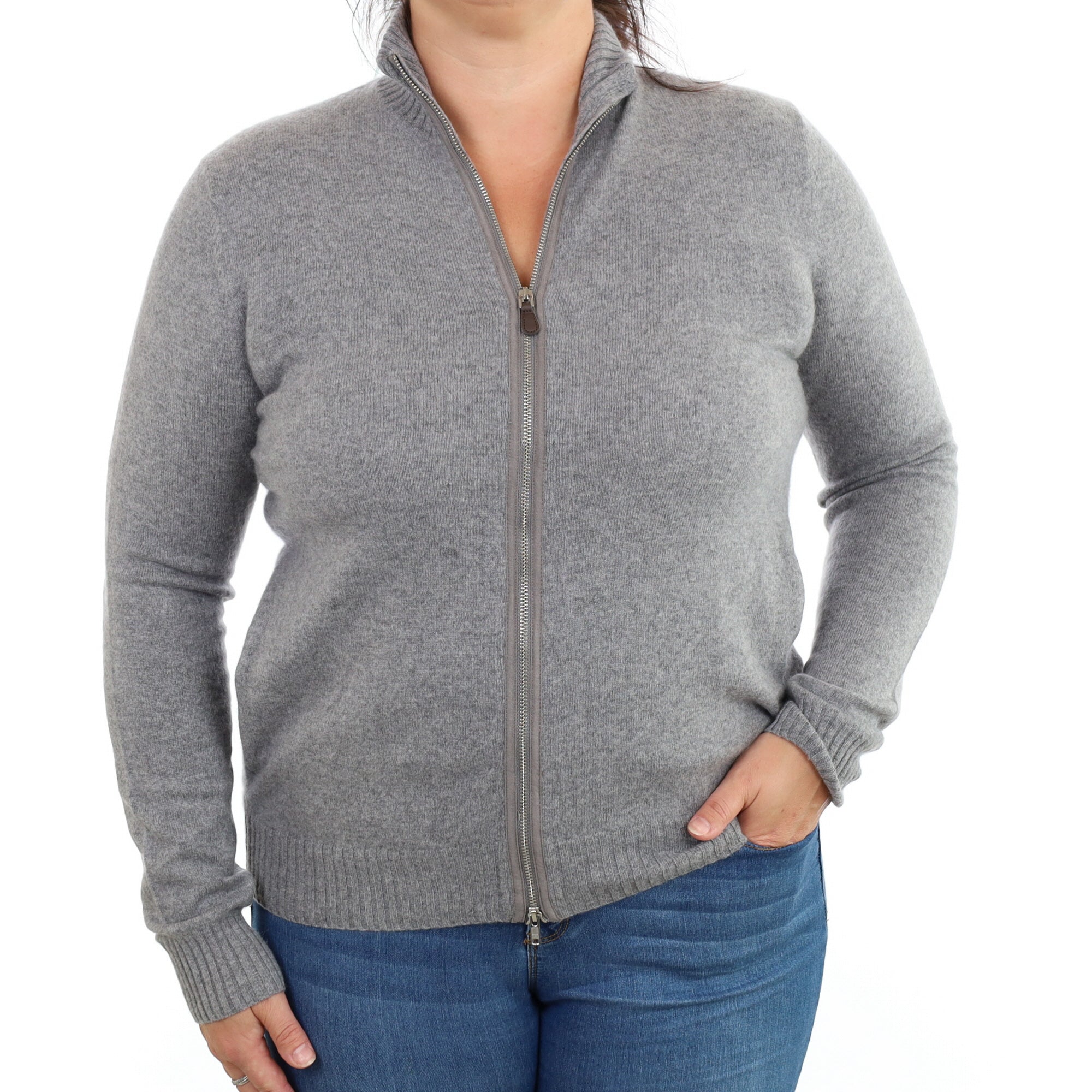 Ash Grey Cashmere Zip Up Cardigan Large