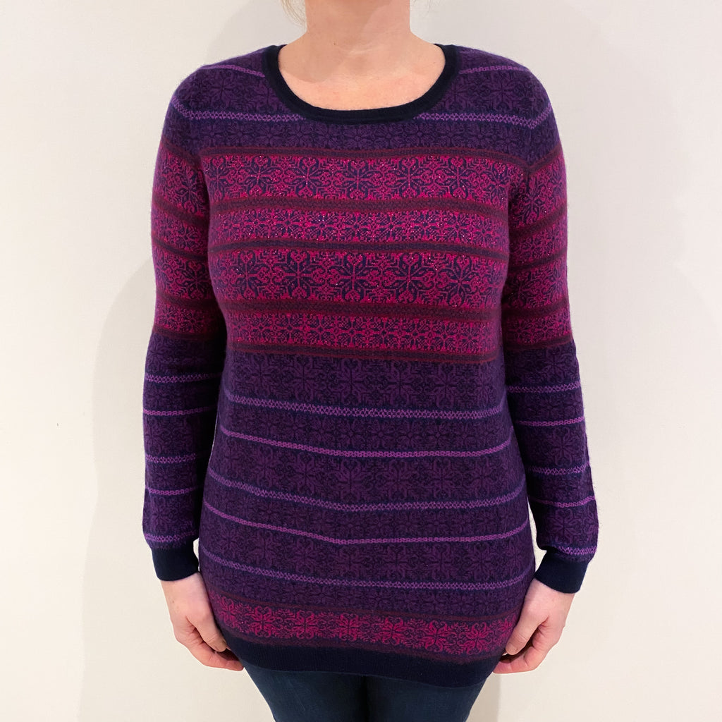 Navy and Purple Sparkly Patterned Cashmere Crew Neck Jumper Large