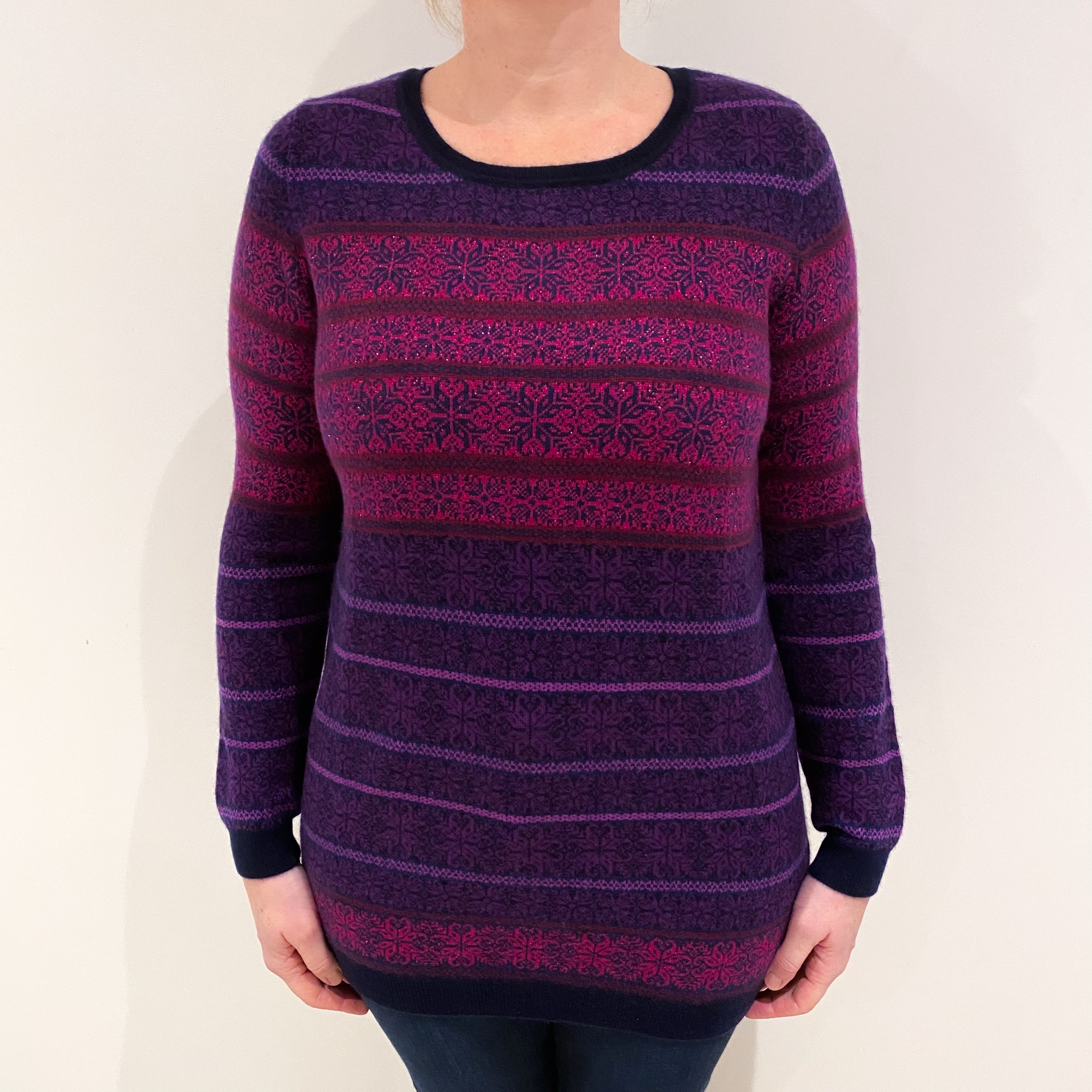 Navy and Purple Sparkly Patterned Cashmere Crew Neck Jumper Large