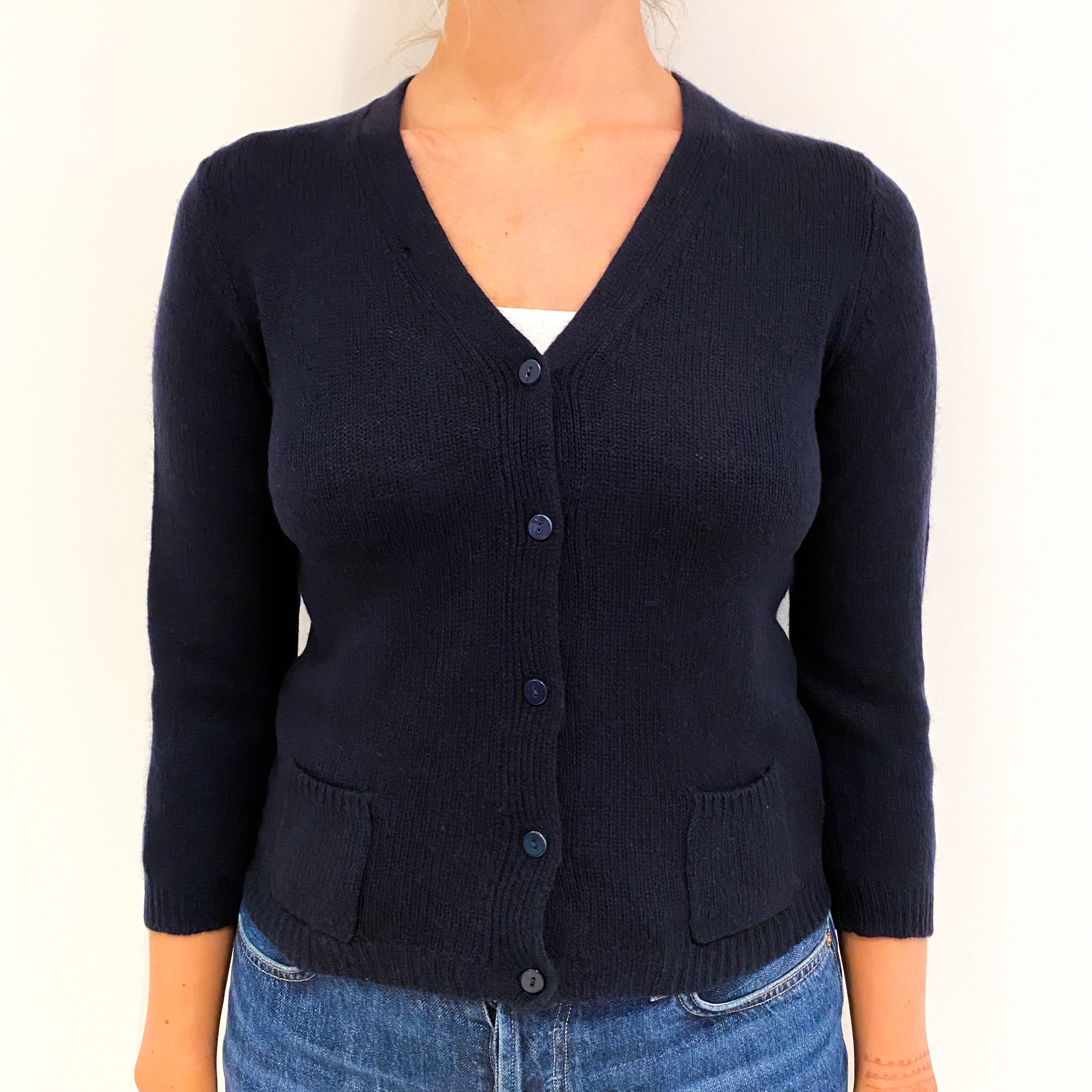 Navy Blue Cashmere V-Neck Cardigan Small
