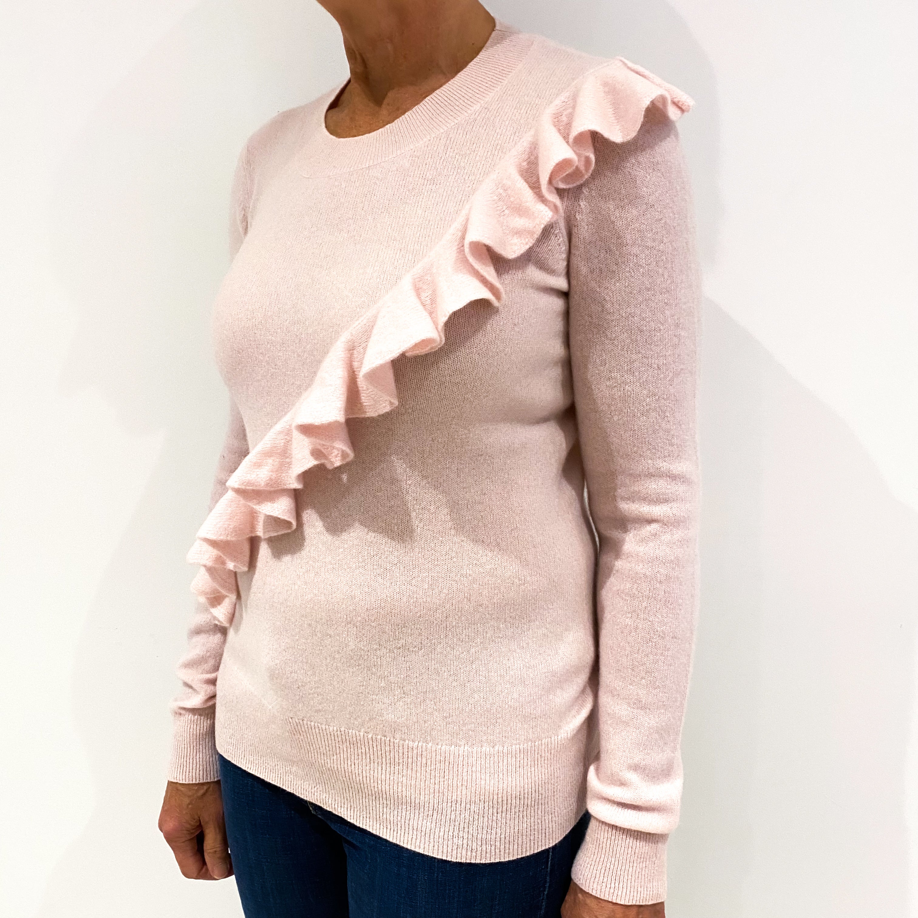 Pale Pink Frill Trim Cashmere Crew Neck Jumper Medium