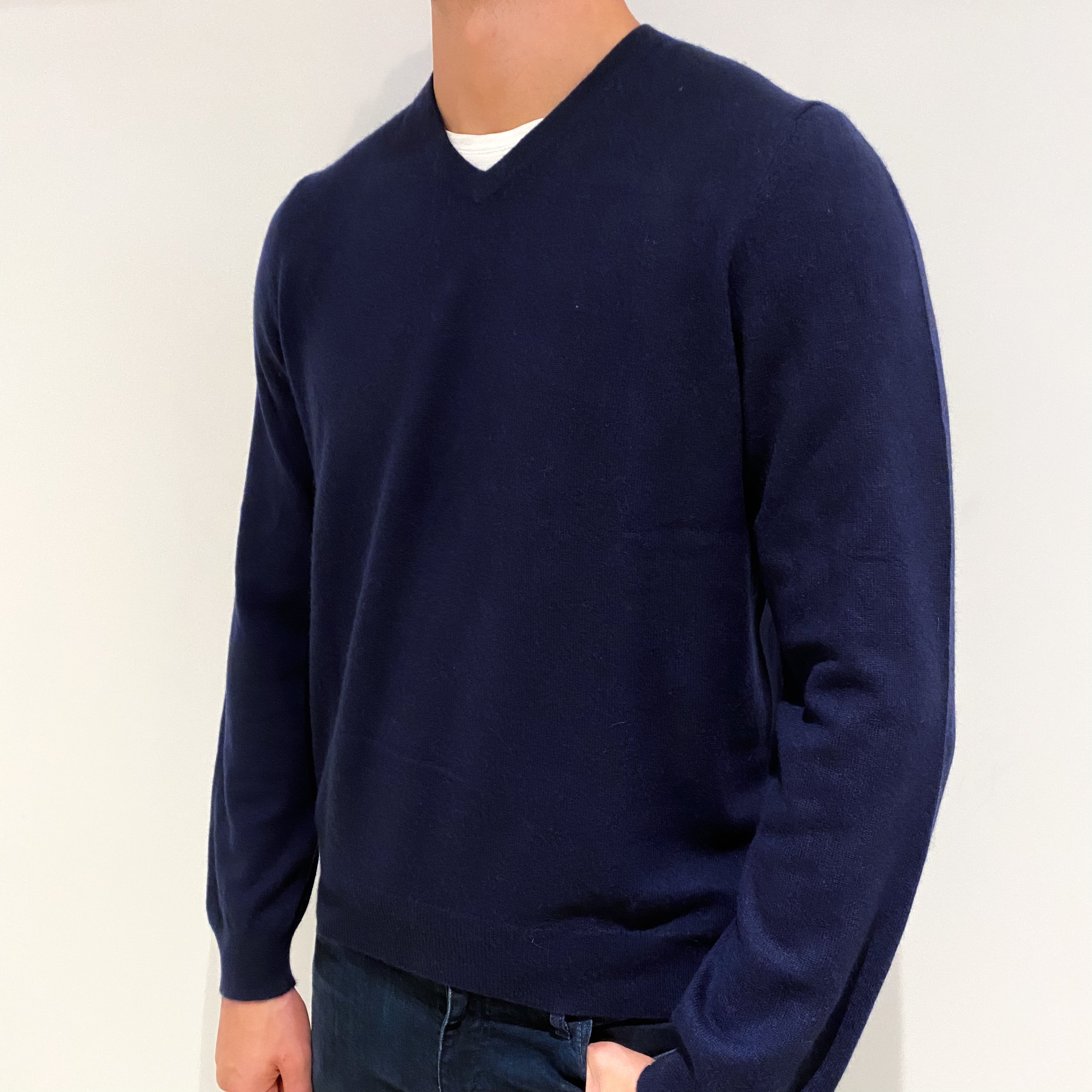 Men's Navy Blue Cashmere V-Neck Jumper Extra Large