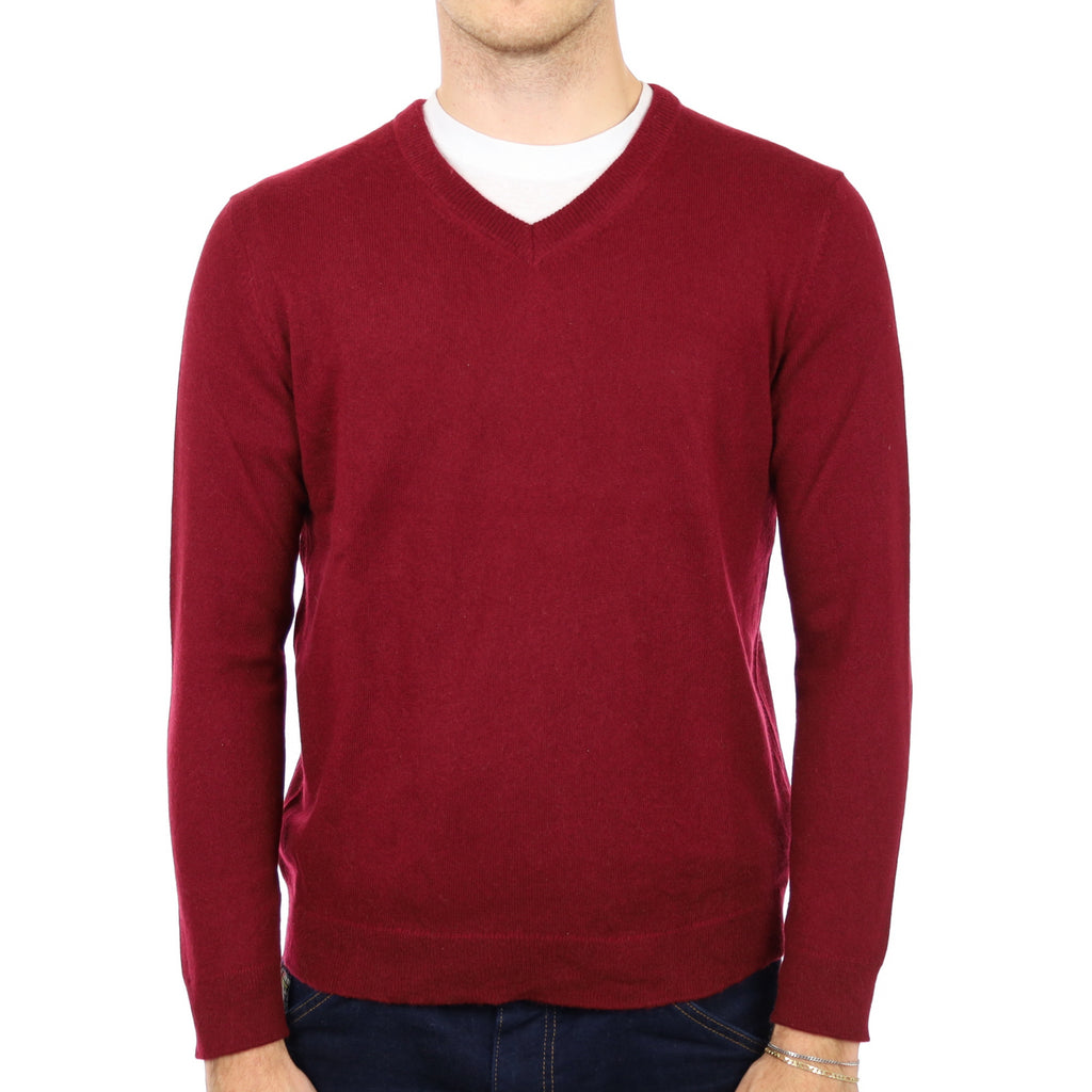 Men's Burgundy Red Cashmere V Neck Jumper Medium