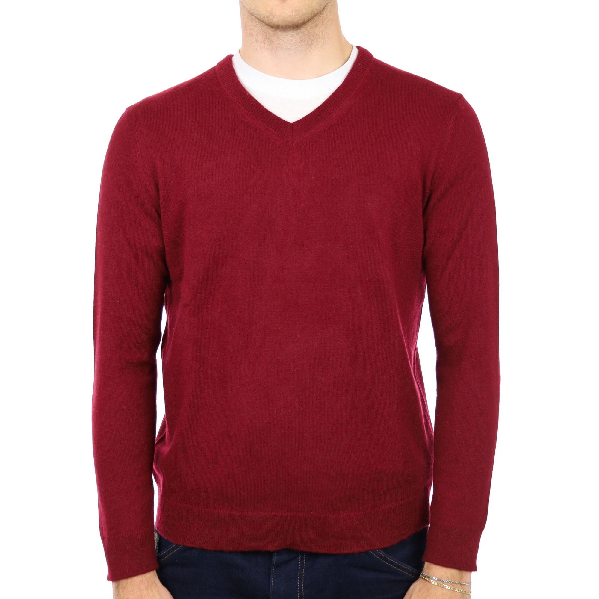 Men's Burgundy Red Cashmere V Neck Jumper Medium