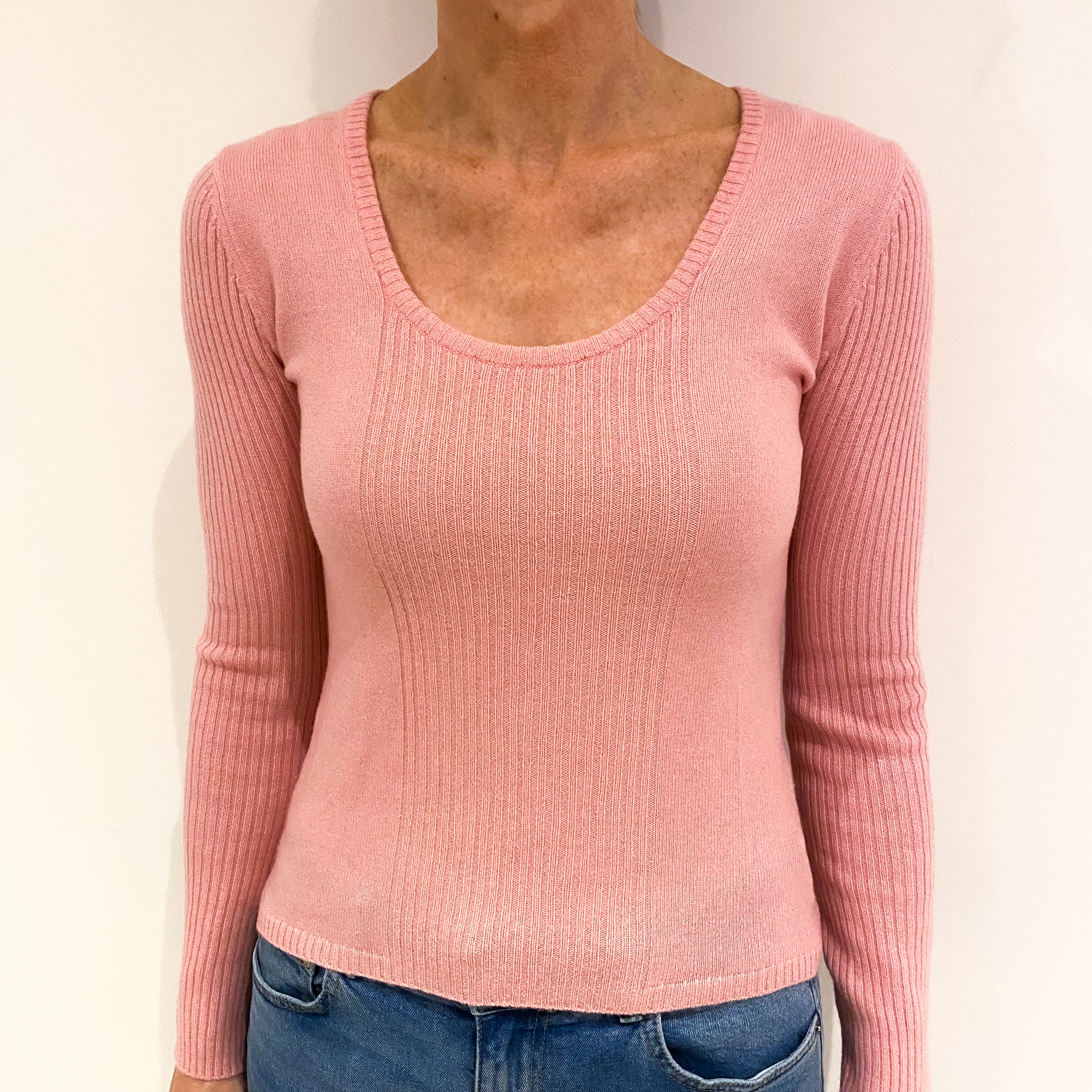 Blush Pink Rib Detail Cashmere Scoop Neck Jumper Small