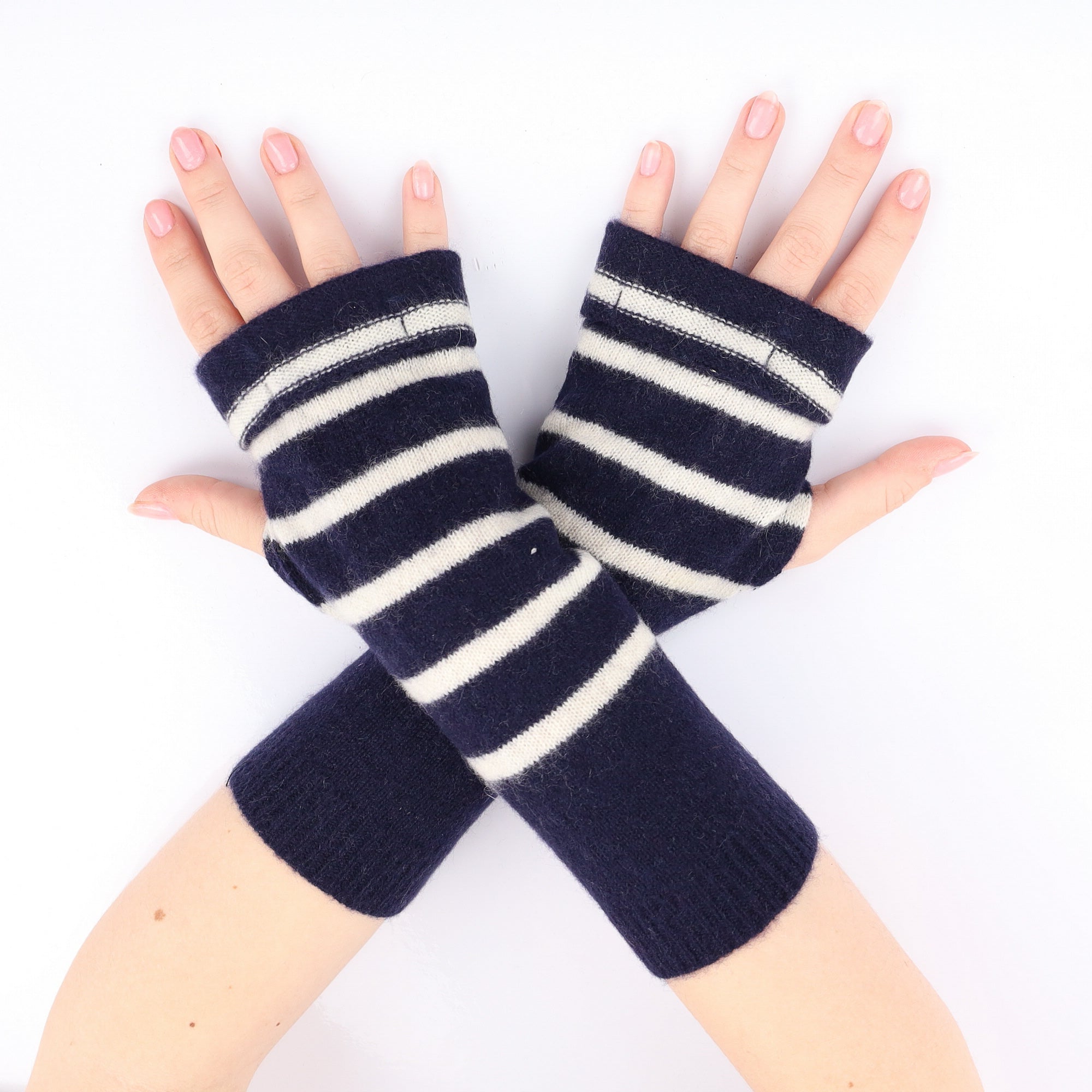 Navy and Ivory Stripe Fingerless Gloves