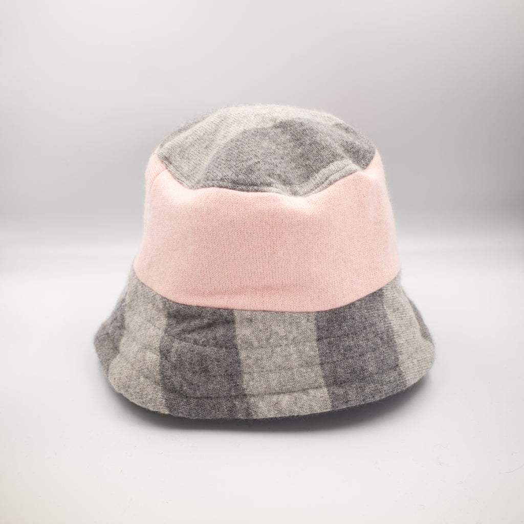 Grey Stripe and Pink Reversible Cashmere Bucket Hat Medium