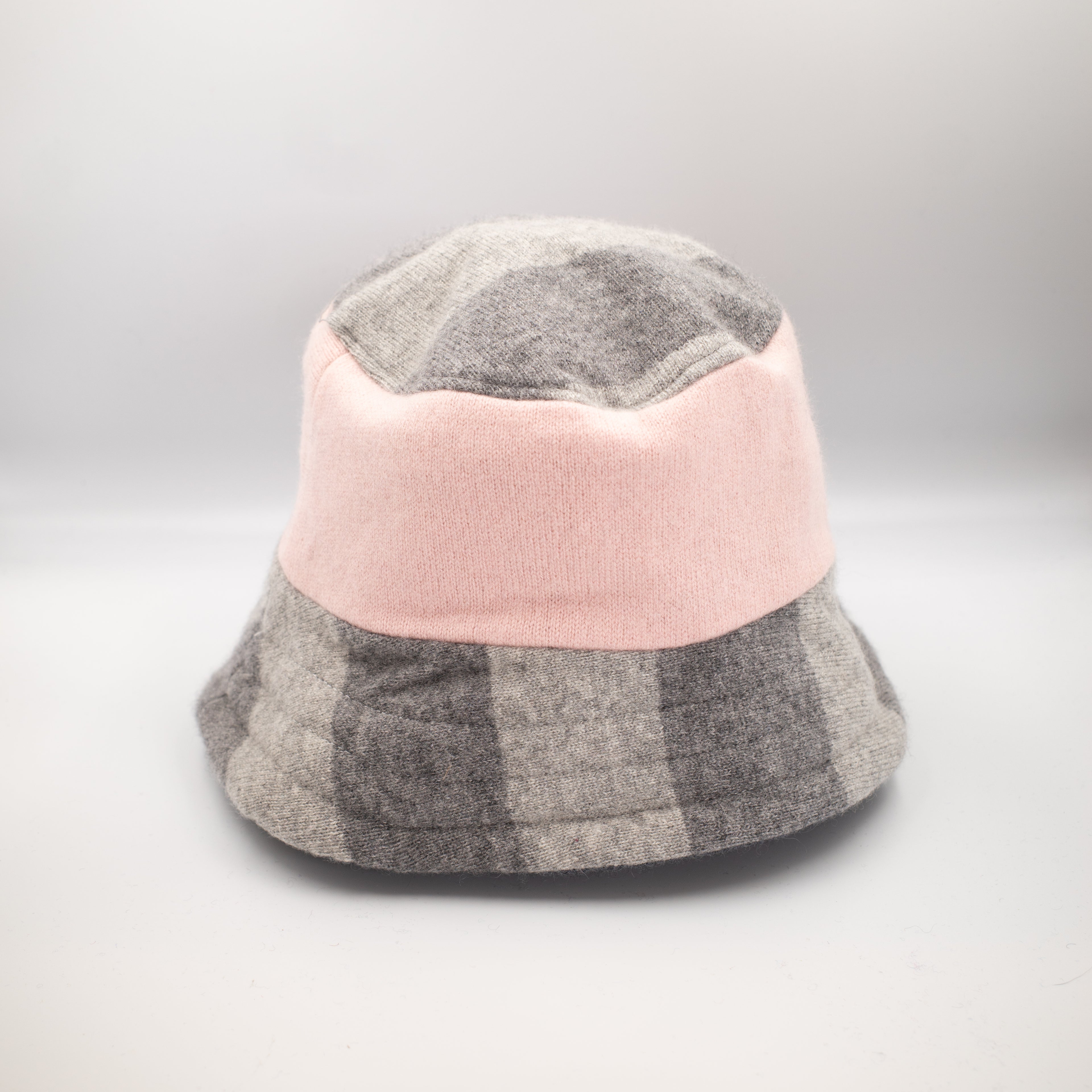 Grey Stripe and Pink Reversible Cashmere Bucket Hat Medium