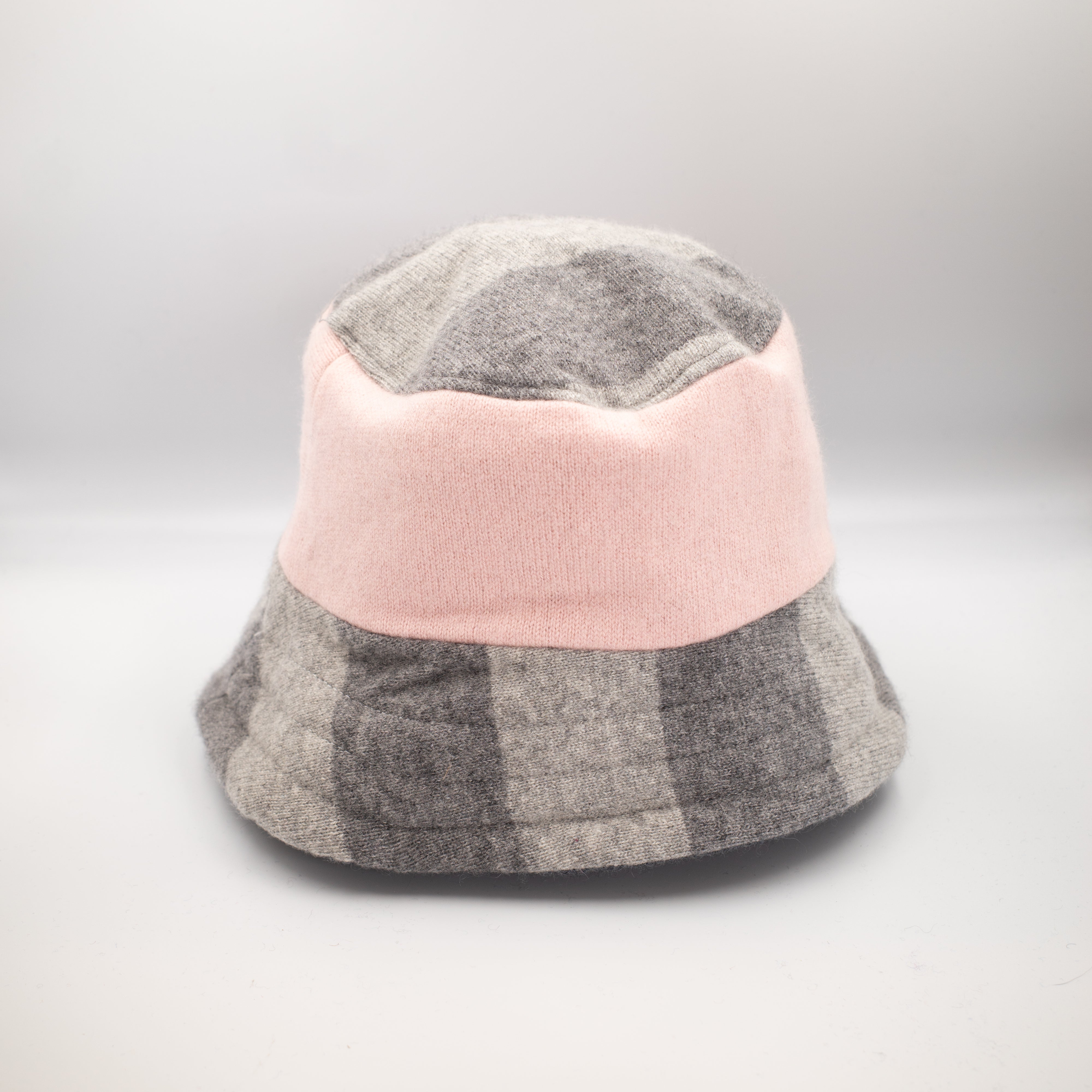 Grey Stripe and Pink Reversible Cashmere Bucket Hat Medium
