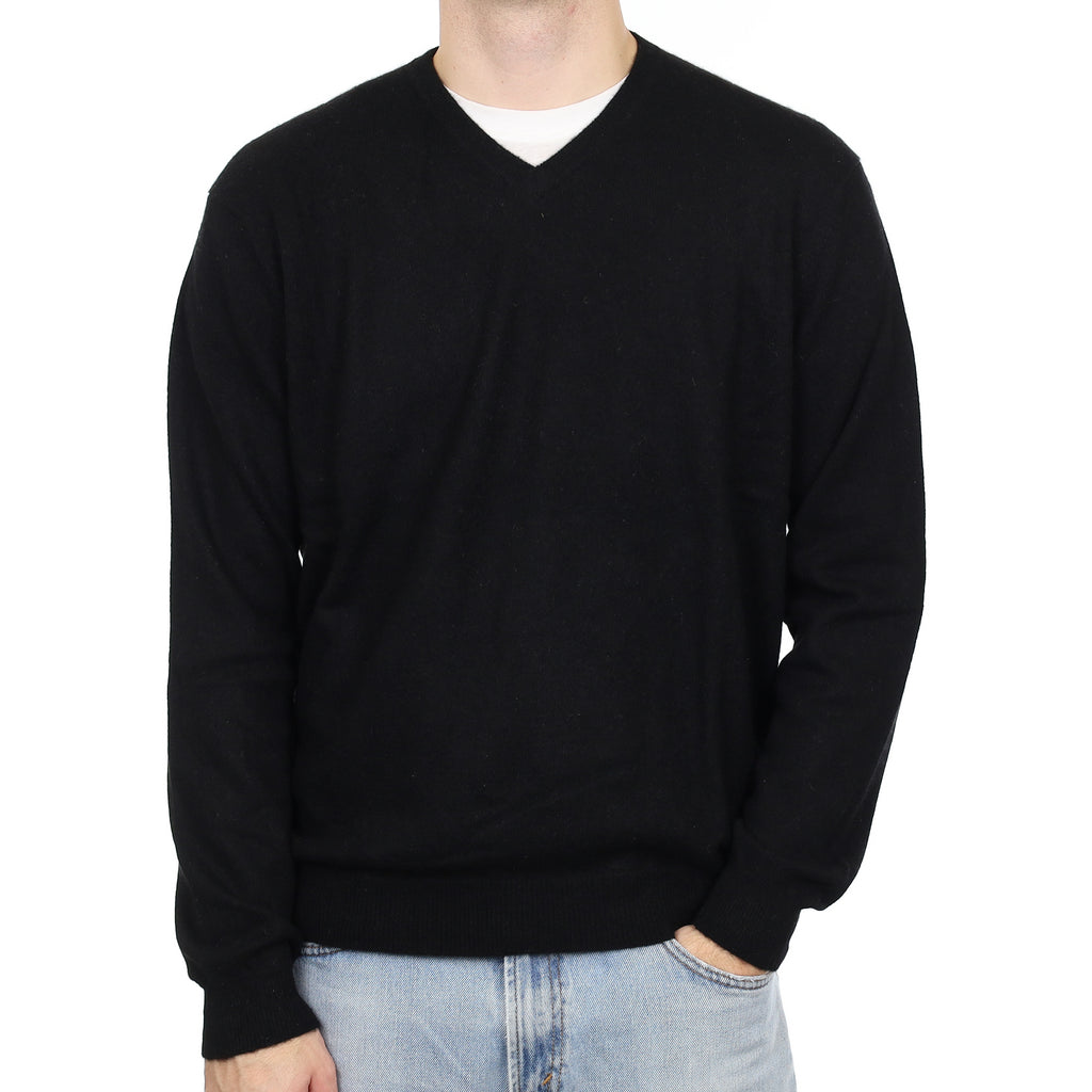 Men's Black Cashmere V Neck Jumper Large