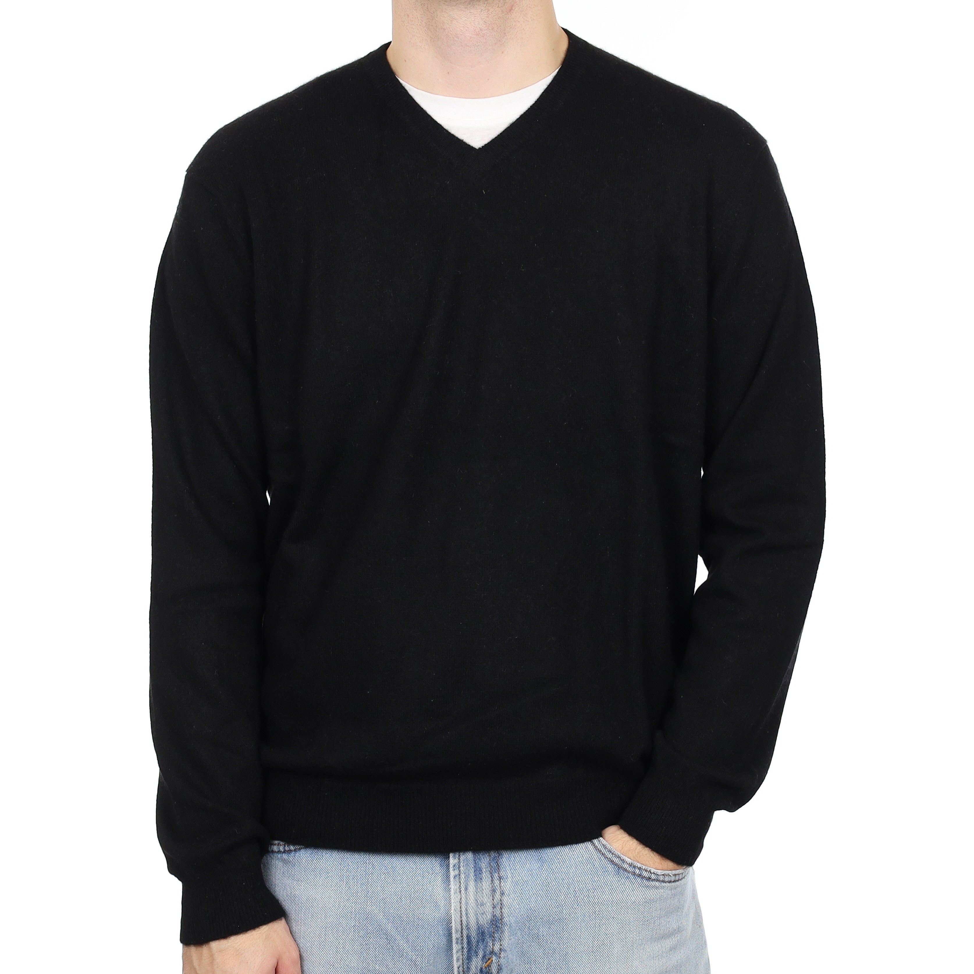 Men's Black Cashmere V Neck Jumper Large