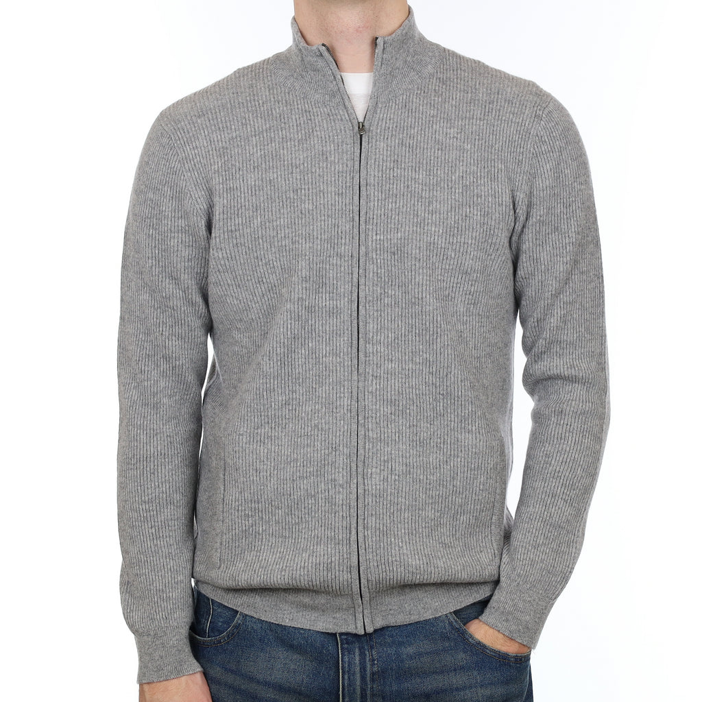 Men’s Brand New Scottish Smoke Grey Rib Cashmere Zip Up Cardigan with Pockets Large