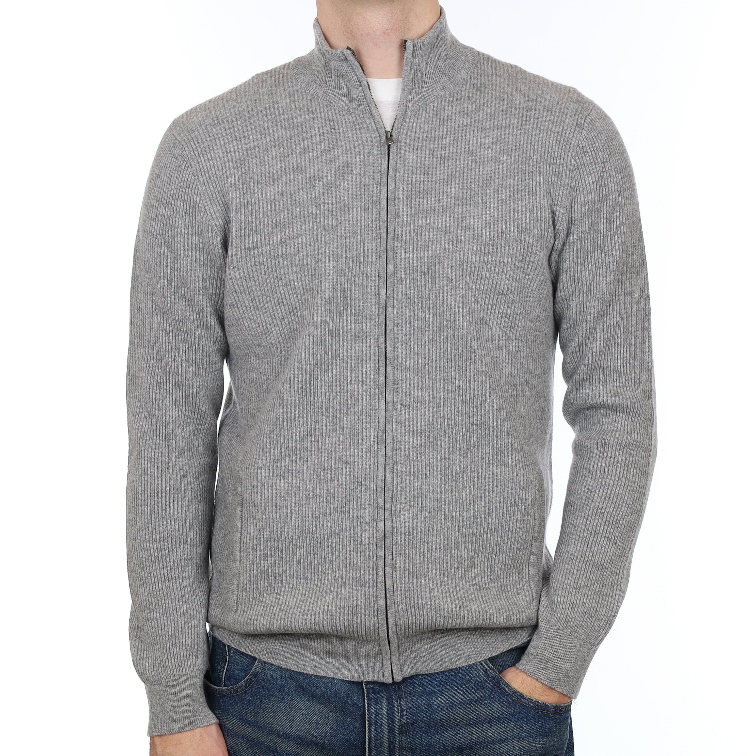 Men’s Brand New Scottish Smoke Grey Rib Cashmere Zip Up Cardigan with Pockets Large