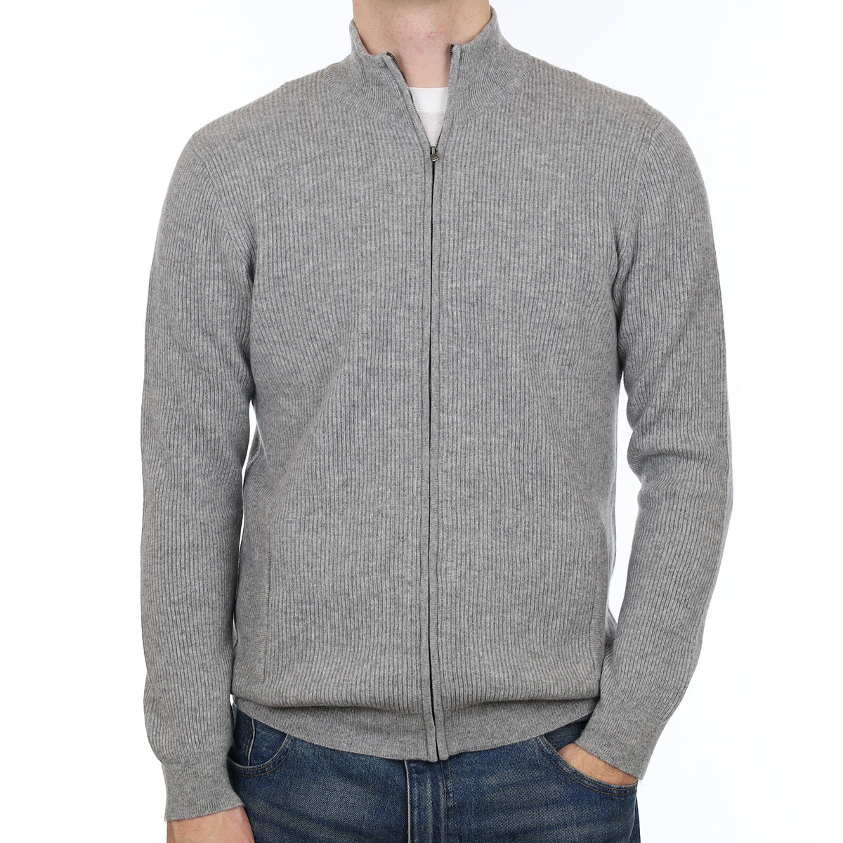 Men’s Brand New Scottish Smoke Grey Rib Cashmere Zip Up Cardigan with Pockets Large