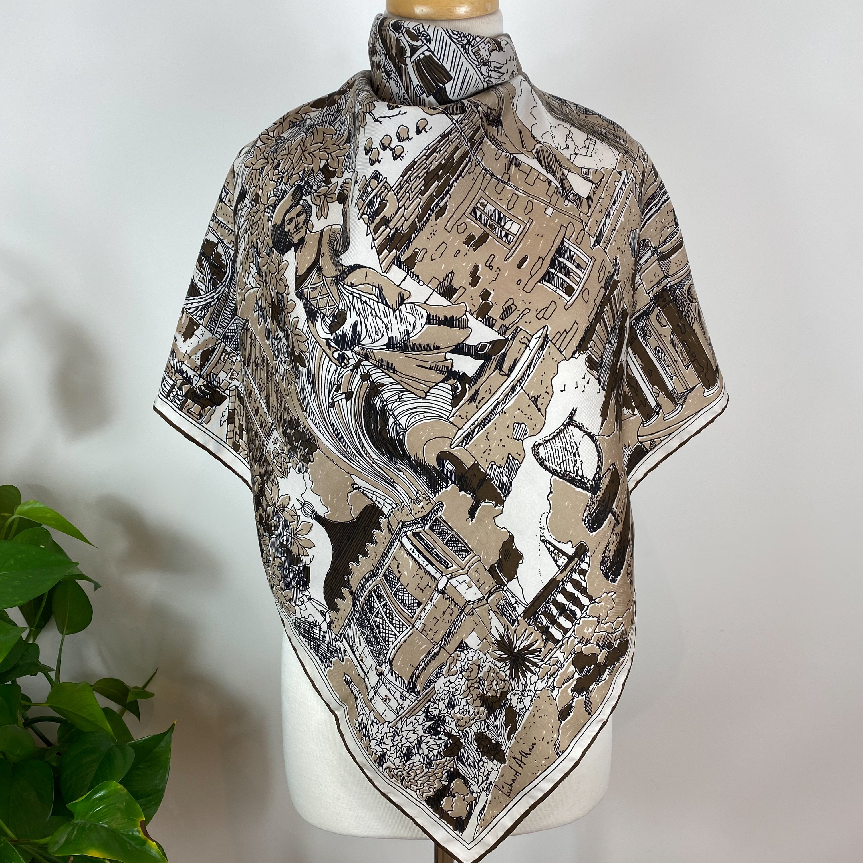 1970s Richard Allan Village Scene Vintage Silk Scarf