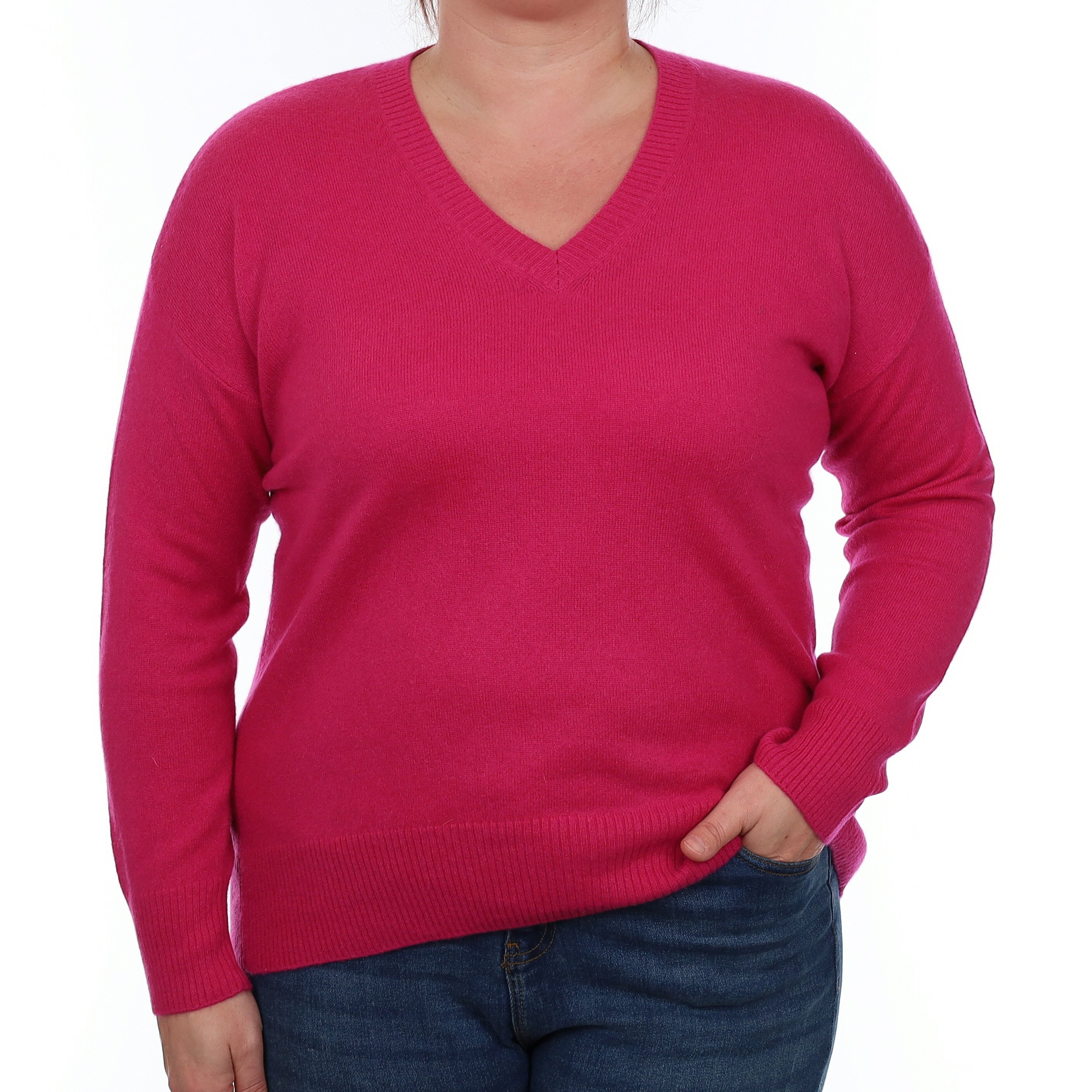 Fuchsia Pink Cashmere V Neck Jumper Large
