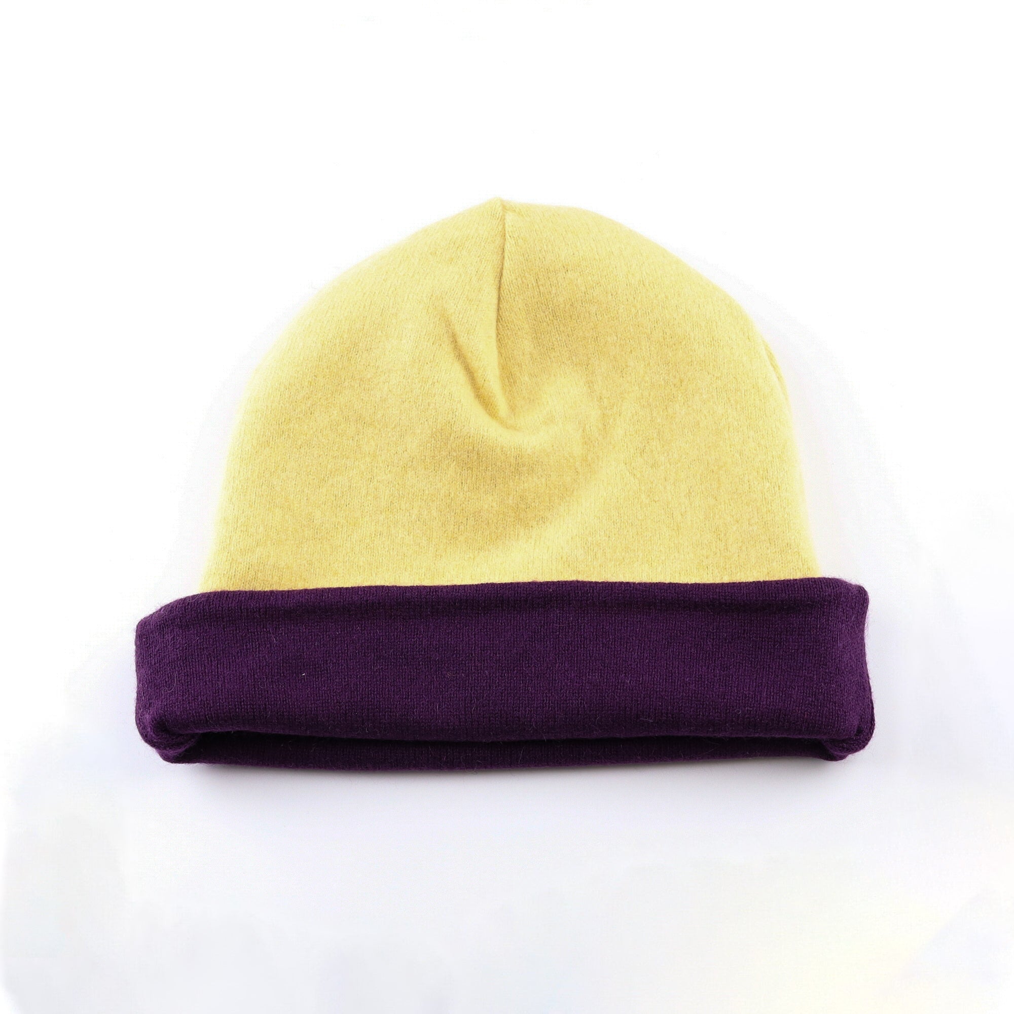 Aubergine Purple and Yellow Reversible Cashmere Beanie Hat