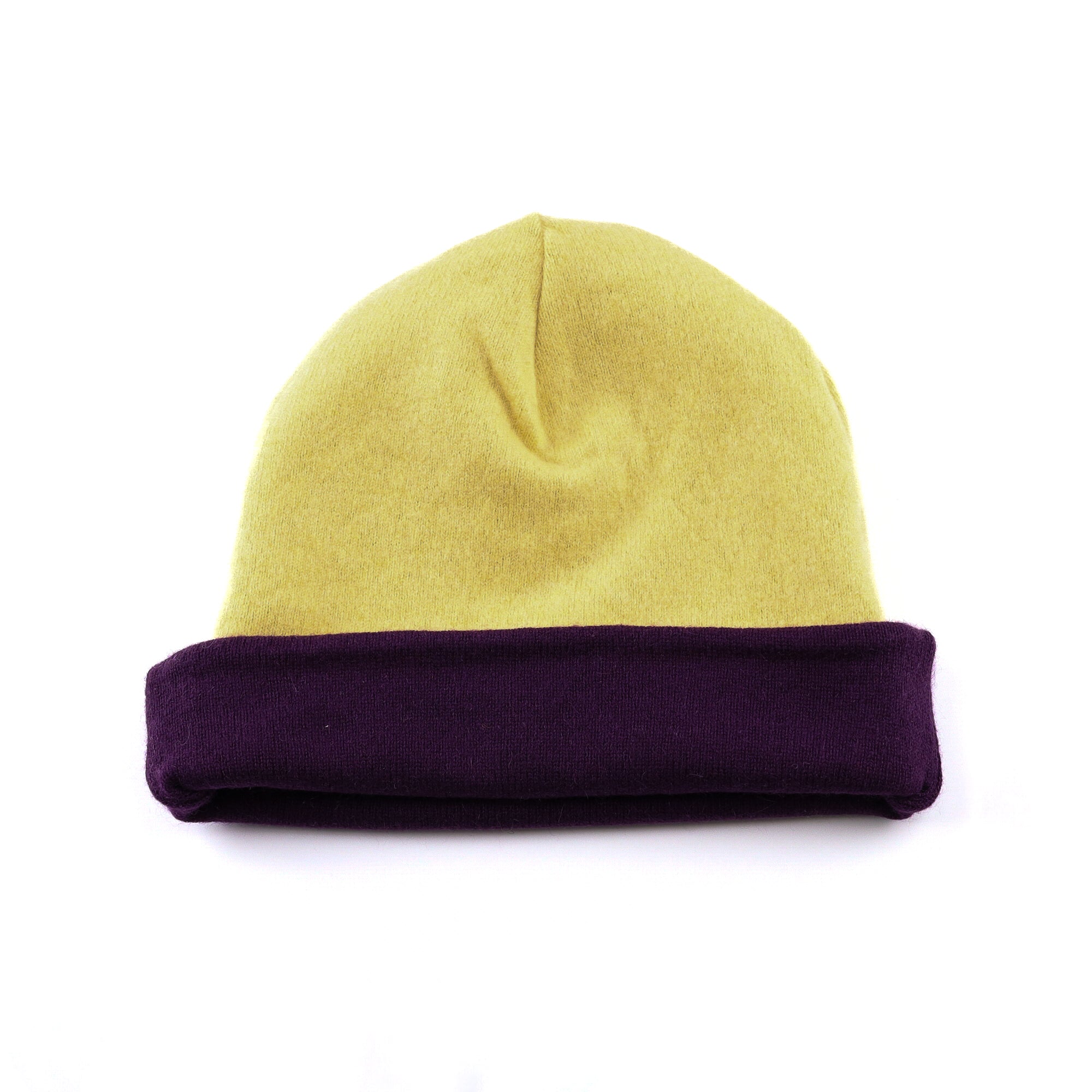 Aubergine Purple and Yellow Reversible Cashmere Beanie Hat