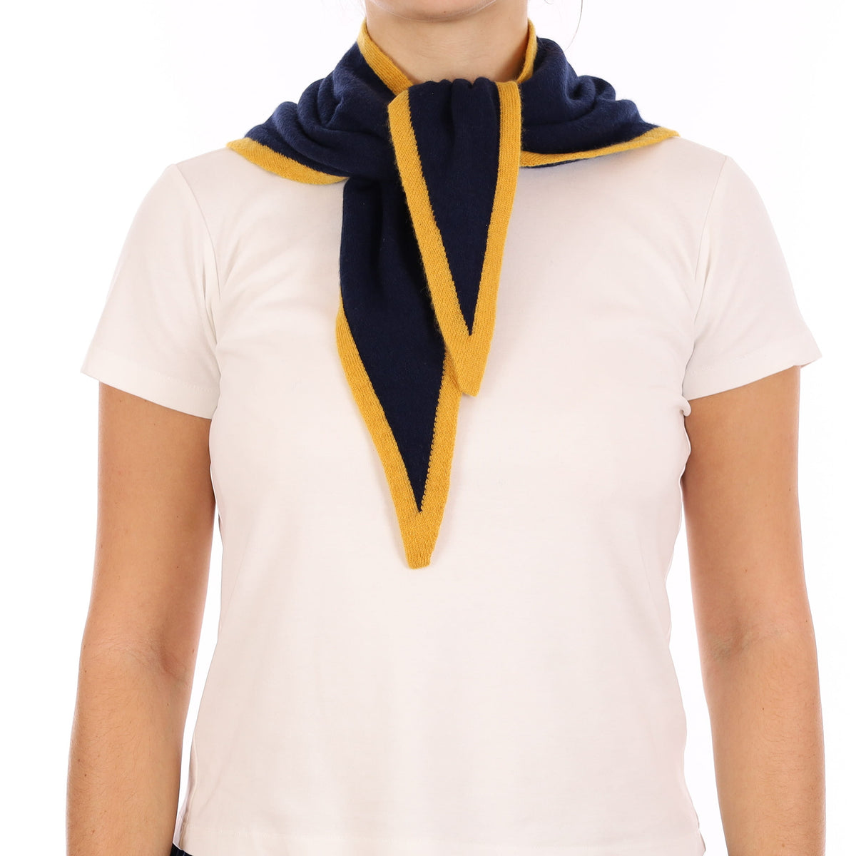Brand New Navy and Mustard Recycled Cashmere Triangle Scarf