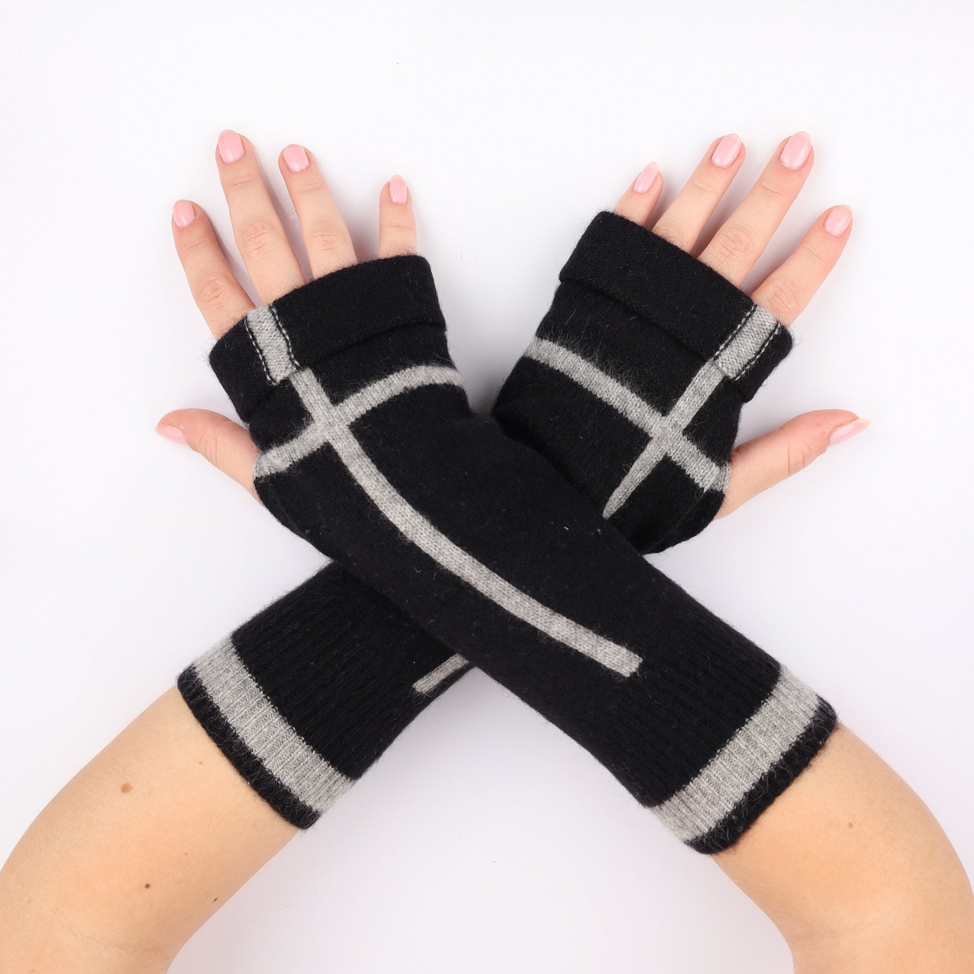 Black and Grey Patterned Fingerless Gloves