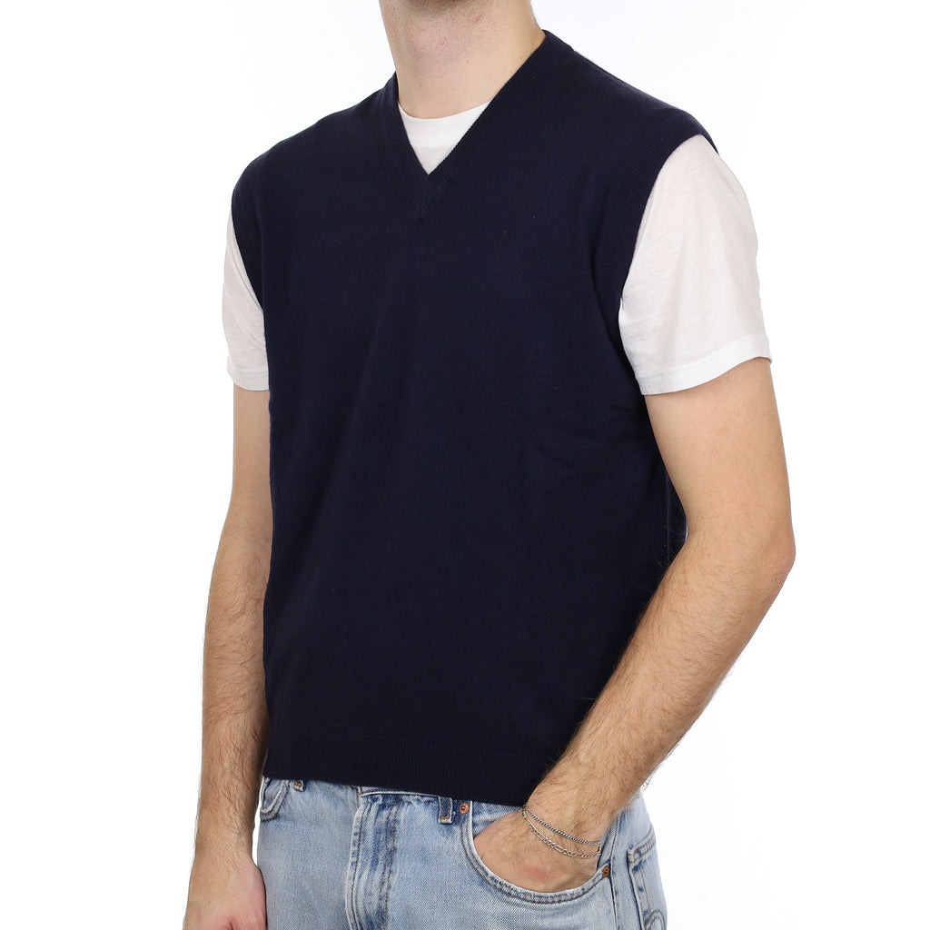 Men's Italian Navy Cashmere V Neck Tank Top Medium