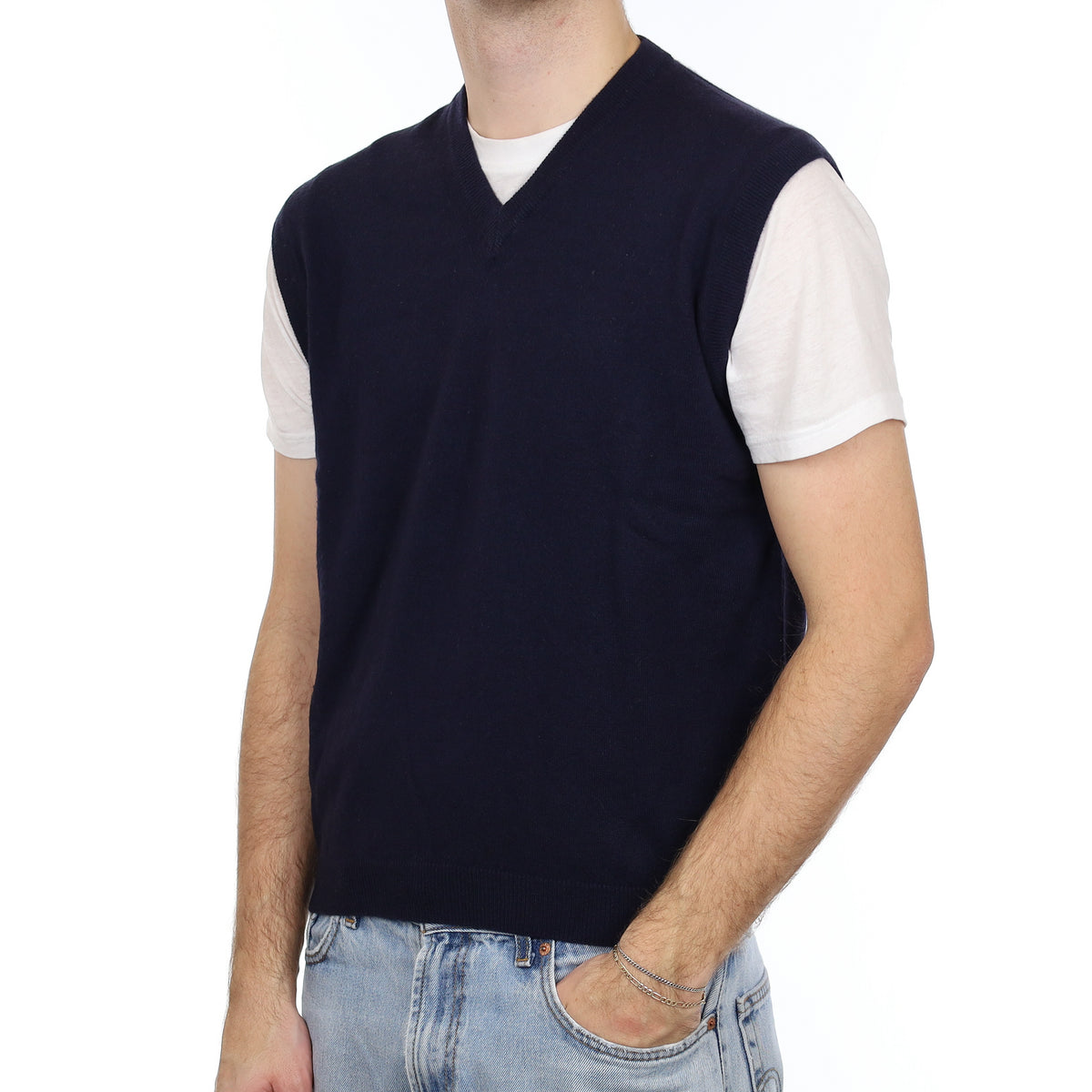 Men's Italian Navy Cashmere V Neck Tank Top Medium